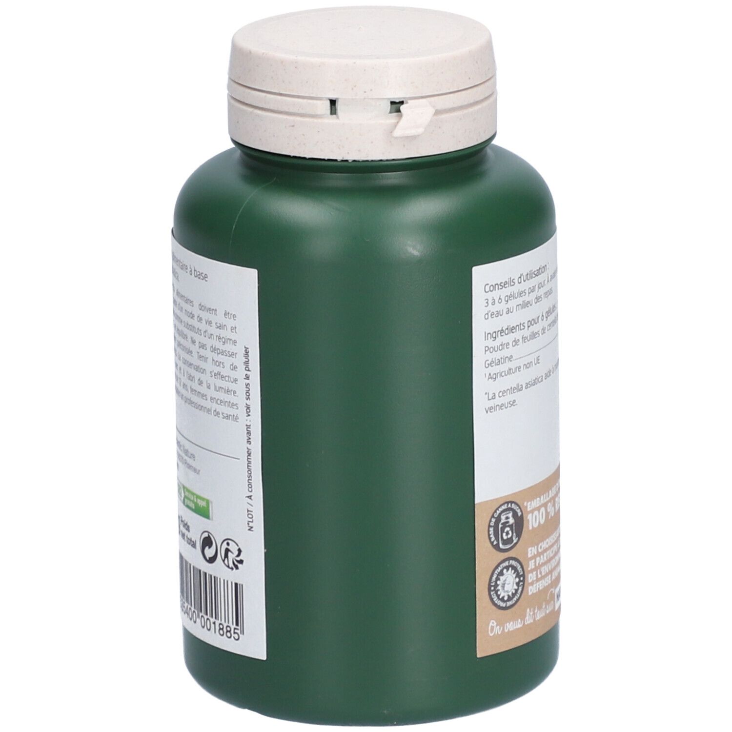 Grüne Flasche mit weißem Deckel. Aufschrift und Text. Verpackung 100% recycelbar. Barcode.