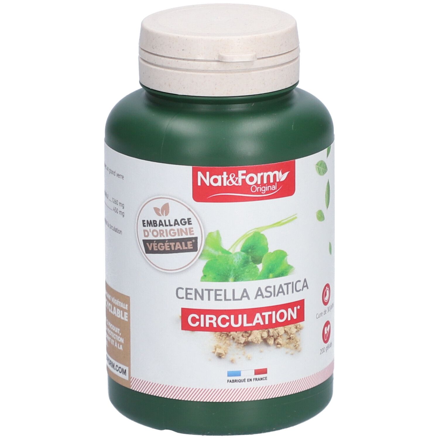 Grüne Flasche mit weißem Deckel. Aufschrift: Nat&Form, CENTELLA ASIATICA, CIRCULATION. Verpackung aus pflanzlicher Herkunft.
