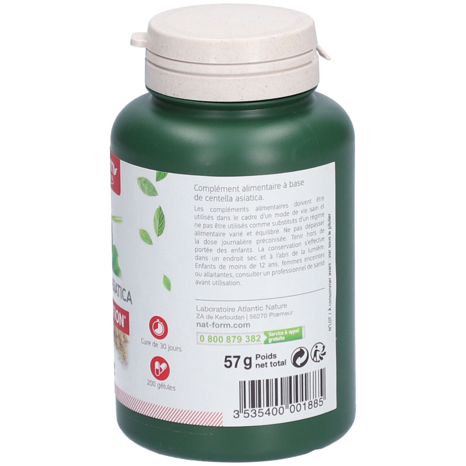 Rückseite der grünen Flasche mit weißem Deckel. Aufschrift: CENTELLA ASIATICA, 57g. 200 Kapseln.
