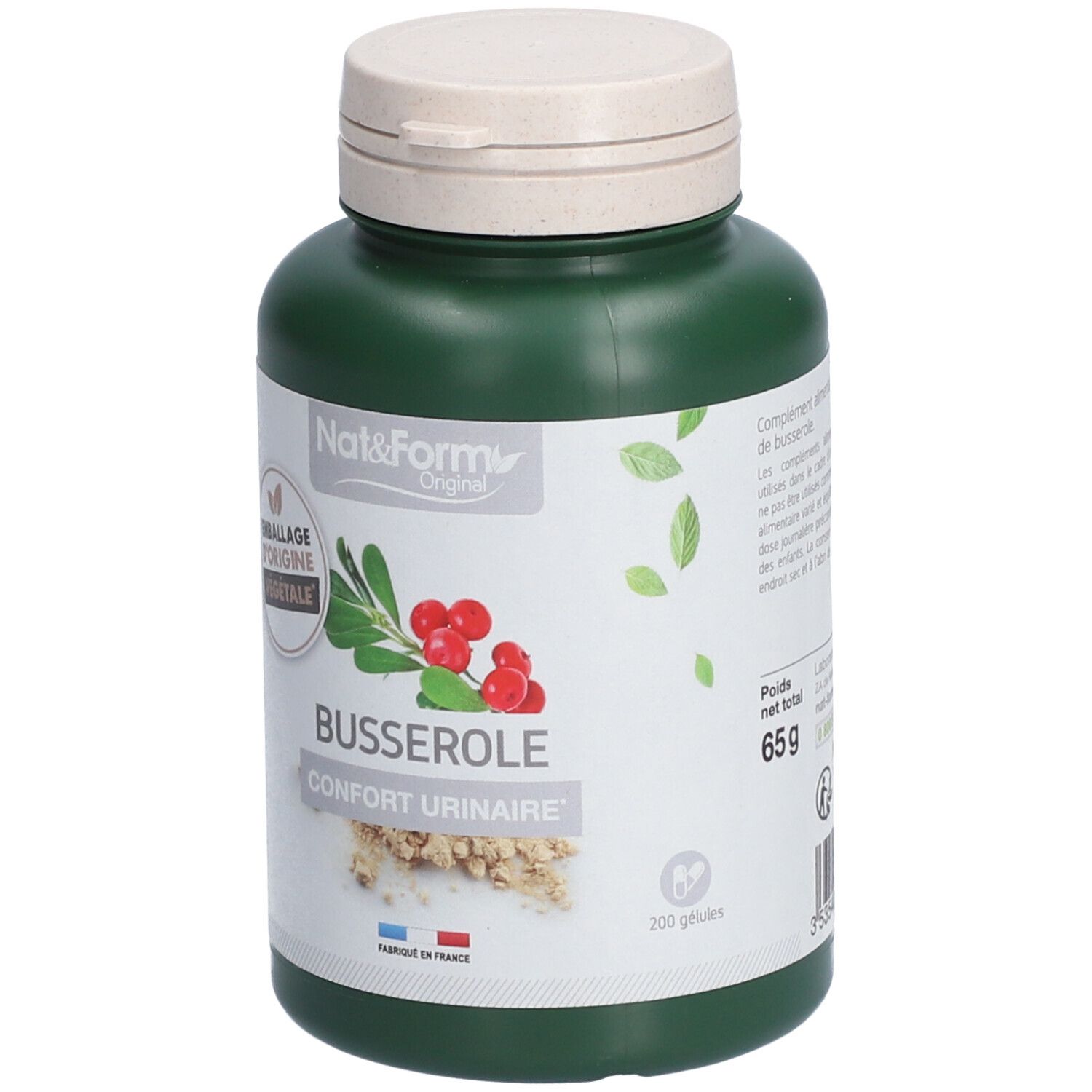 Flacon vert avec bouchon blanc. Inscription BUSSEROLE, Confort Urinaire. Contient 200 gélules. Poids net total 65g.
