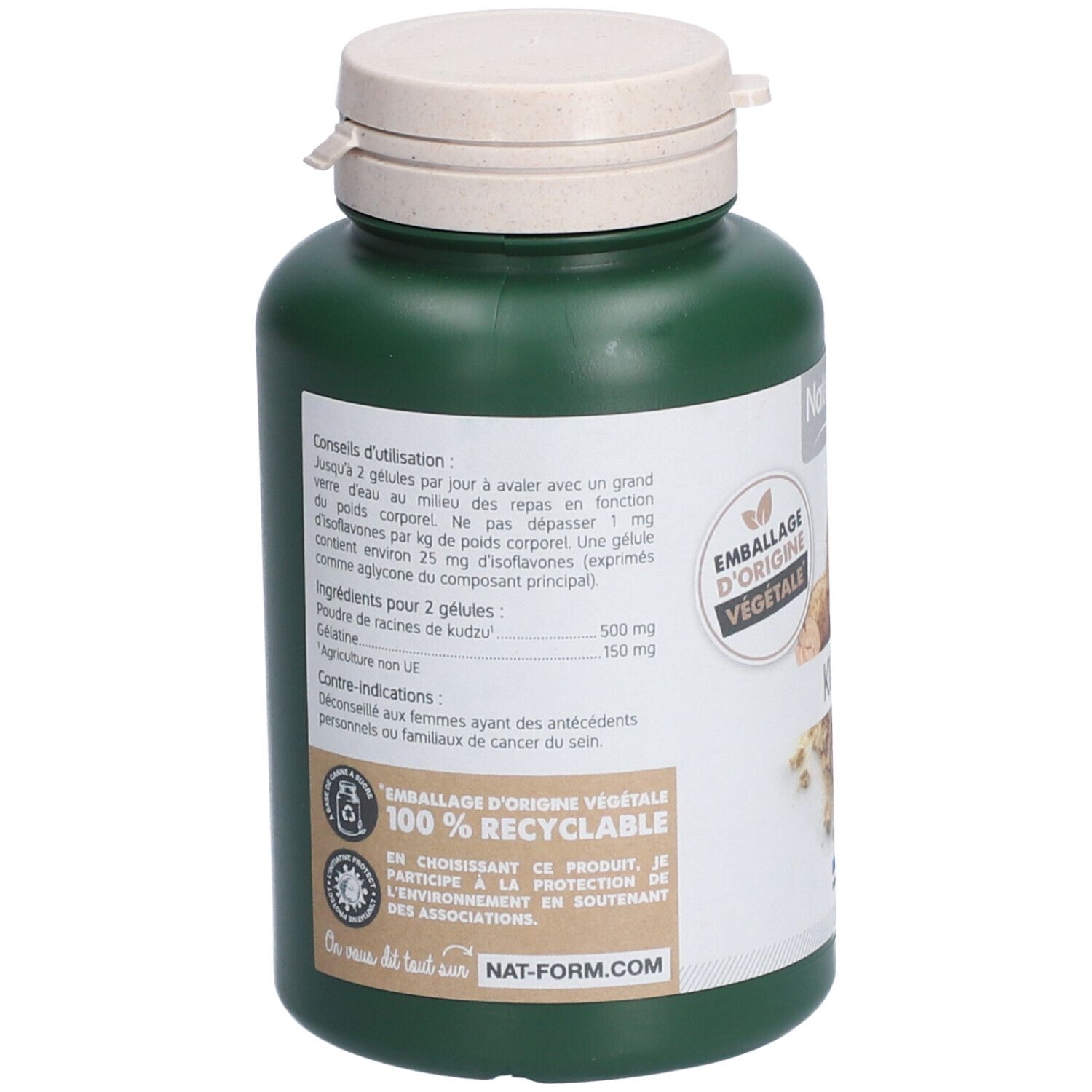 Rückseite der grünen Flasche. Etikett mit Informationen: Gebrauchsanweisung, Inhaltsstoffe, 100% recycelbar, Nat-form.com.