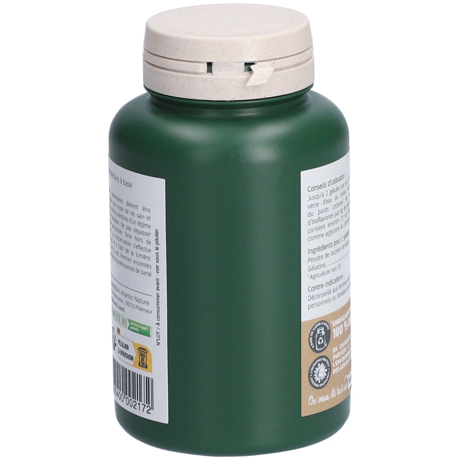 Grüne Flasche mit weißem Deckel. Etikett mit Informationen: Gebrauchsanweisung, Inhaltsstoffe, 100% recycelbar, Nat-form.com.