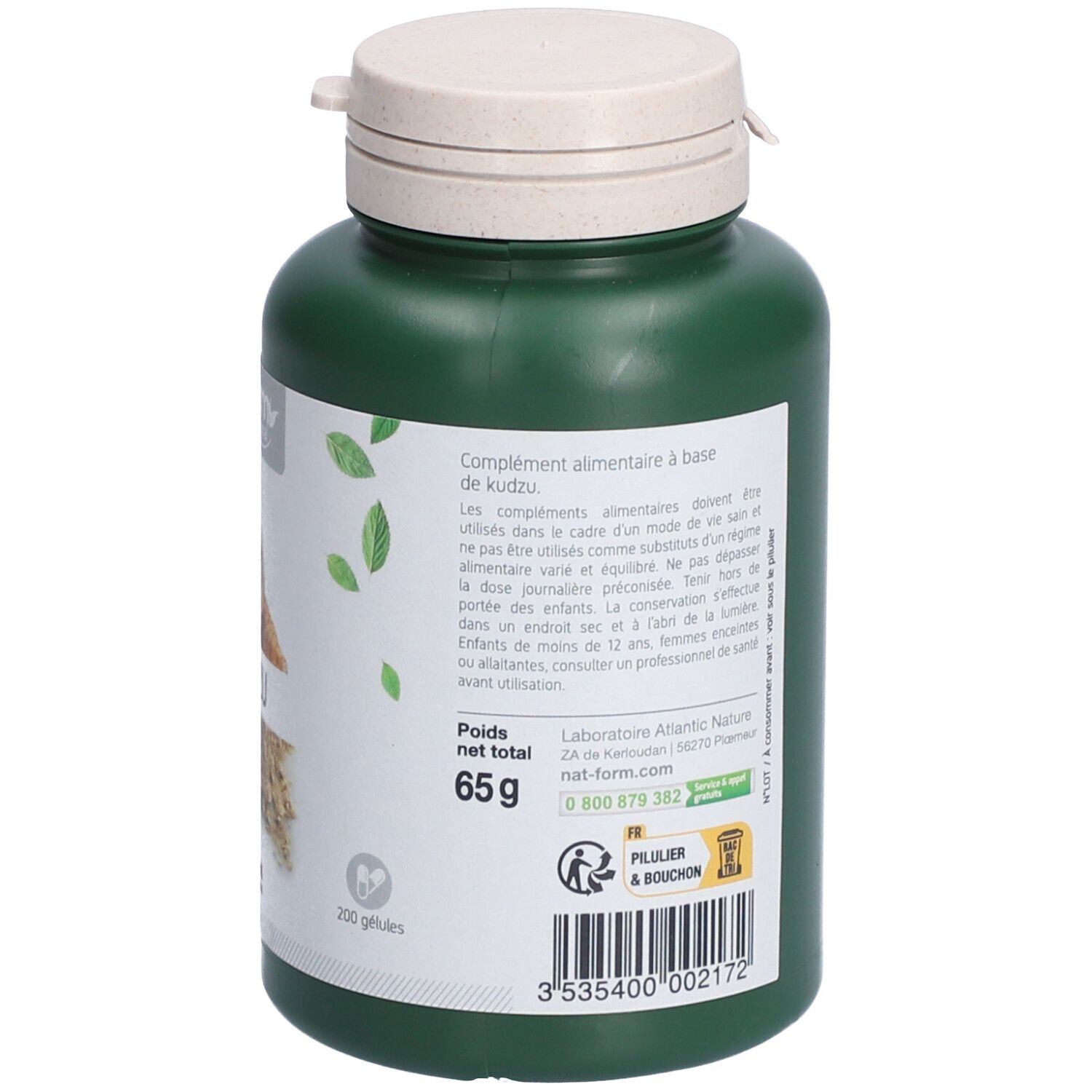 Rückseite der grünen Flasche. Etikett: 200 Kapseln, 65g, Labor Atlantic Nature, Nat-form.com, Recycling-Logo.