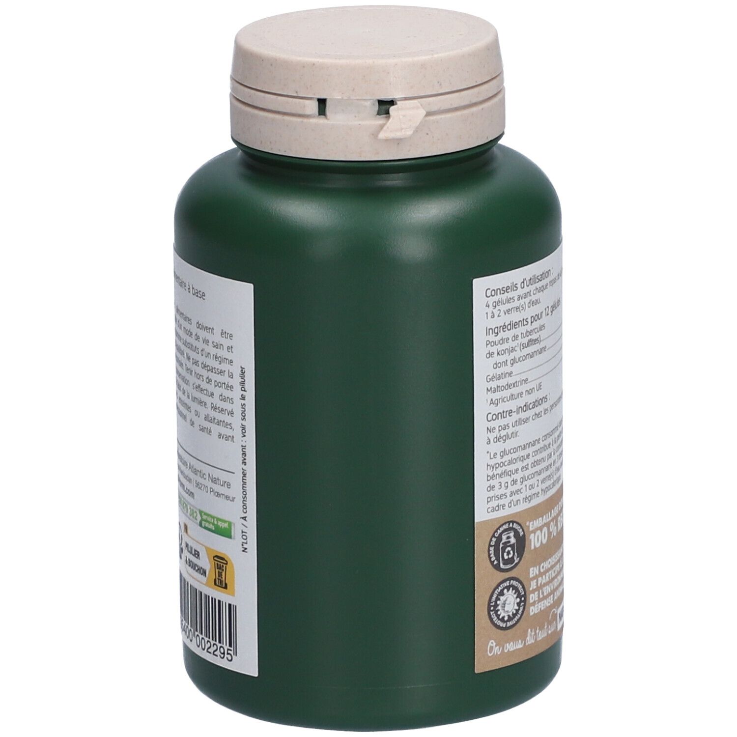 Rückseite einer grünen Flasche mit weißem Deckel. Text mit Inhaltsstoffen und Gebrauchsanweisung. Recycling-Logo.