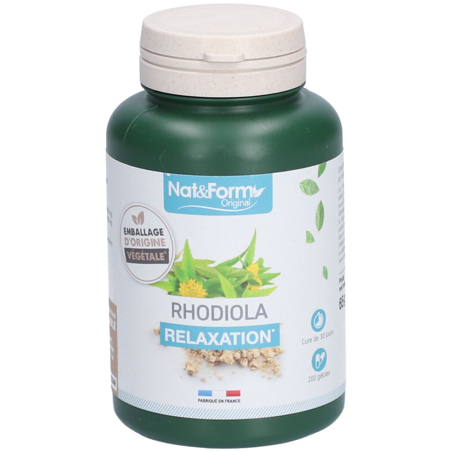 Flacon vert avec couvercle blanc. Inscription: Nat&Form, Rhodiola Relaxation. Emballage d'origine végétale. 200 gélules.