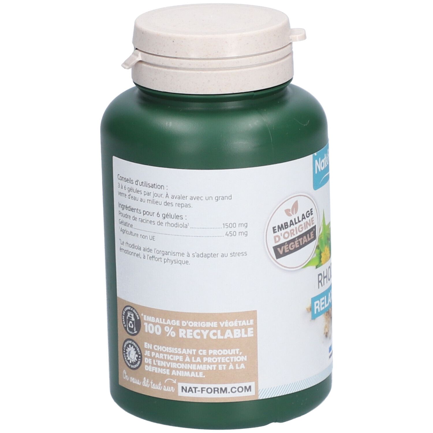 Dos d'un flacon vert avec couvercle blanc. Texte: Nat&Form, Rhodiola Relaxation. Emballage d'origine végétale. 100% recyclable.