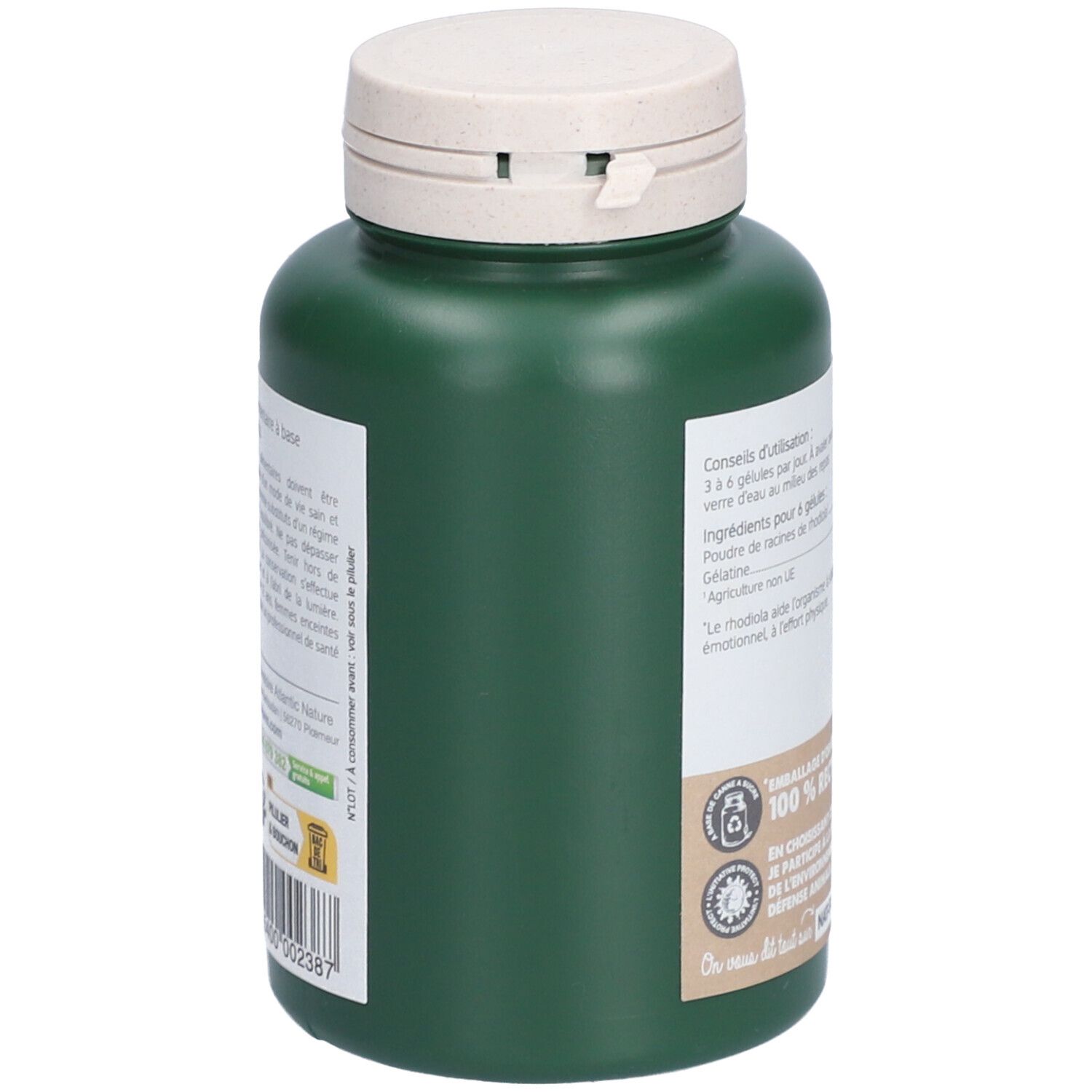 Vue latérale d'un flacon vert avec couvercle blanc. Texte: Nat&Form, Rhodiola Relaxation. Emballage d'origine végétale. 100% recyclable.