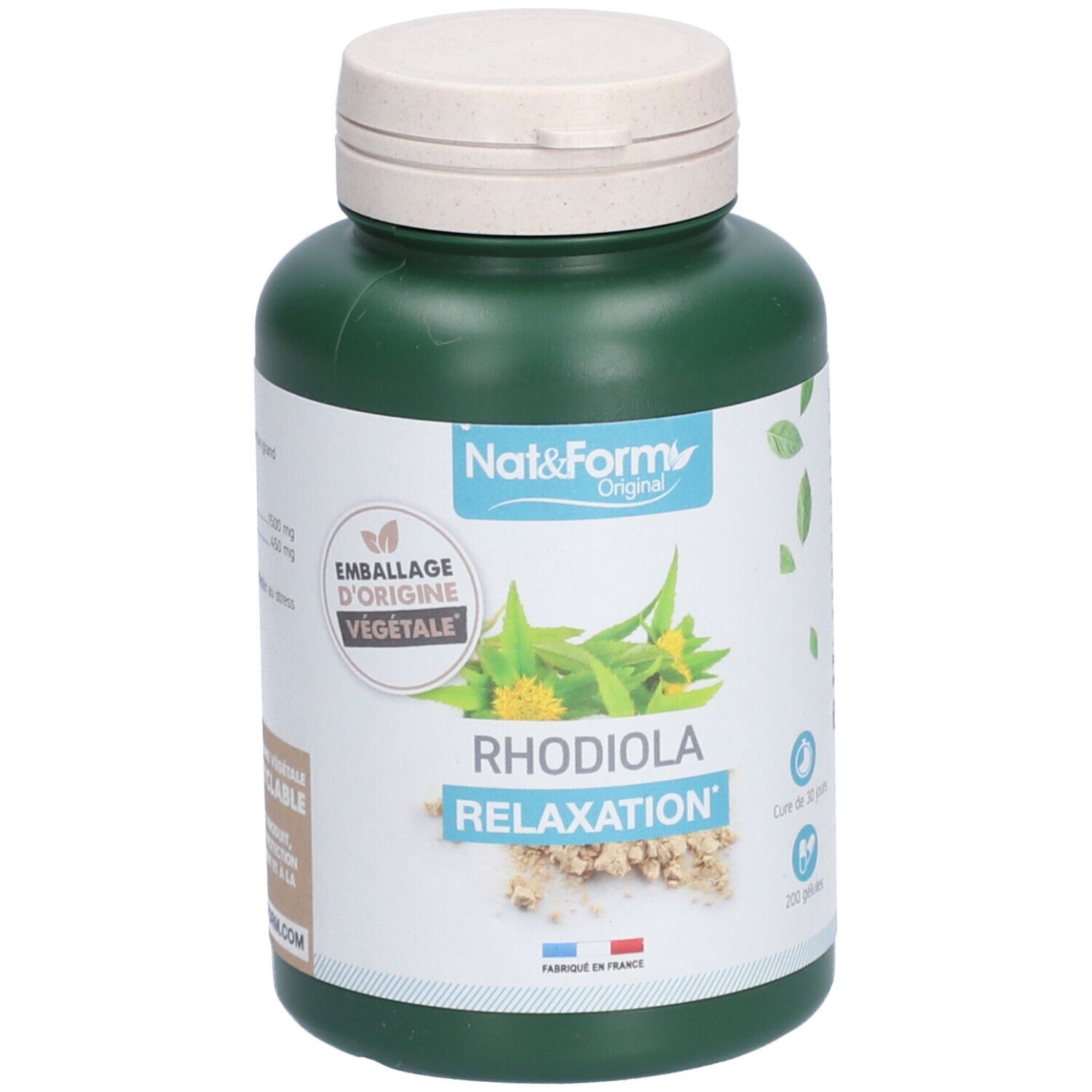 Flacon vert avec couvercle blanc. Inscription: Nat&Form, Rhodiola Relaxation. Emballage d'origine végétale. Fabriqué en France.