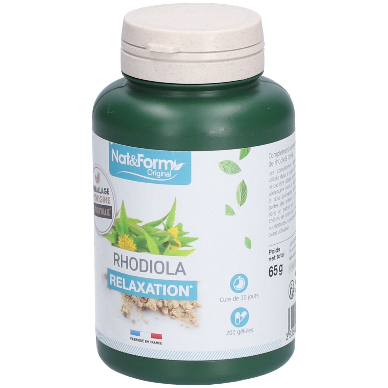 Flacon vert avec couvercle blanc. Inscription: Nat&Form, Rhodiola Relaxation. Emballage d'origine végétale. 200 gélules, 65g.