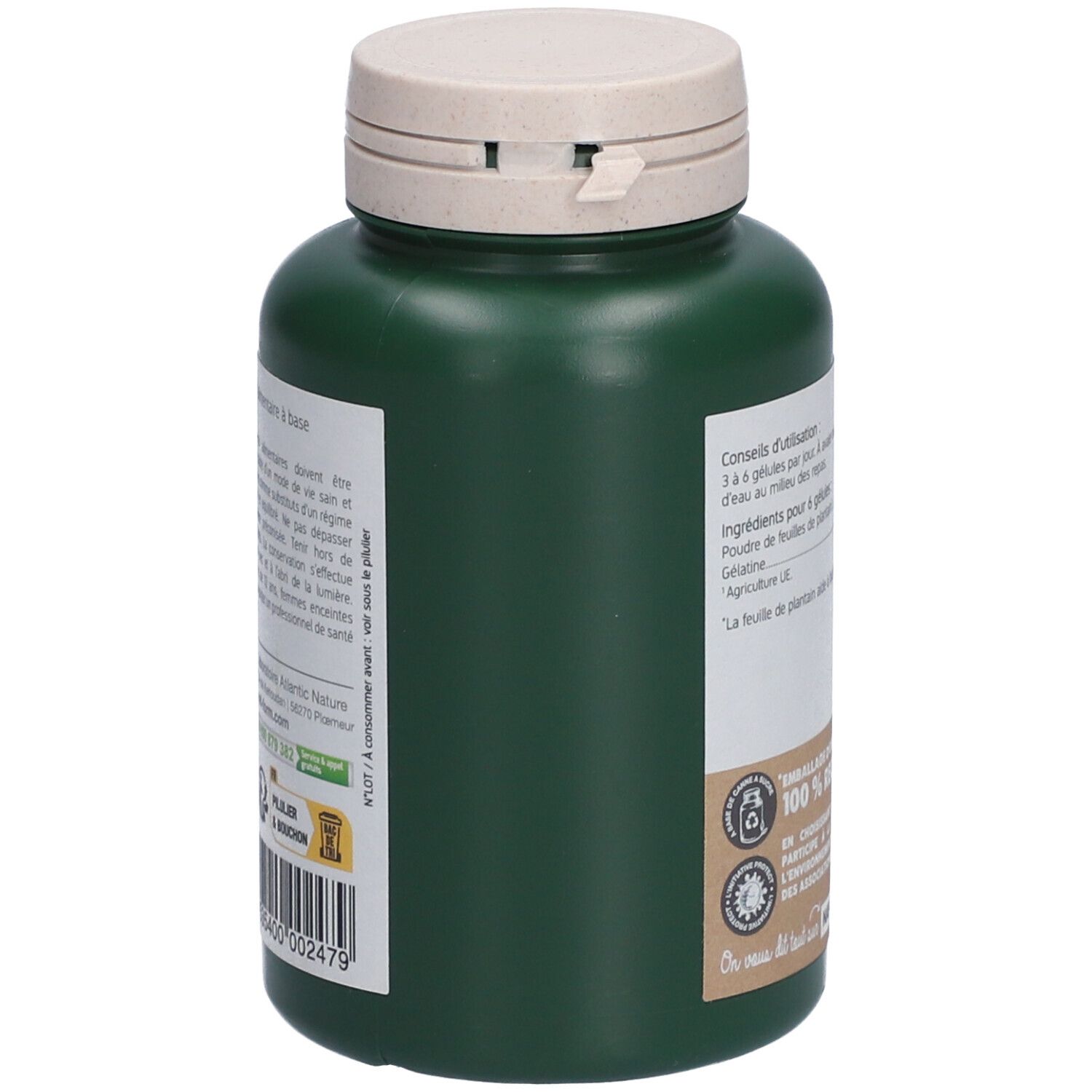 Seitenansicht der grünen Flasche. Text: Conseils d'utilisation. Zutaten. Logo: Emballage d'origine végétale. 100% Recycelbar. NAT-FORM.COM.