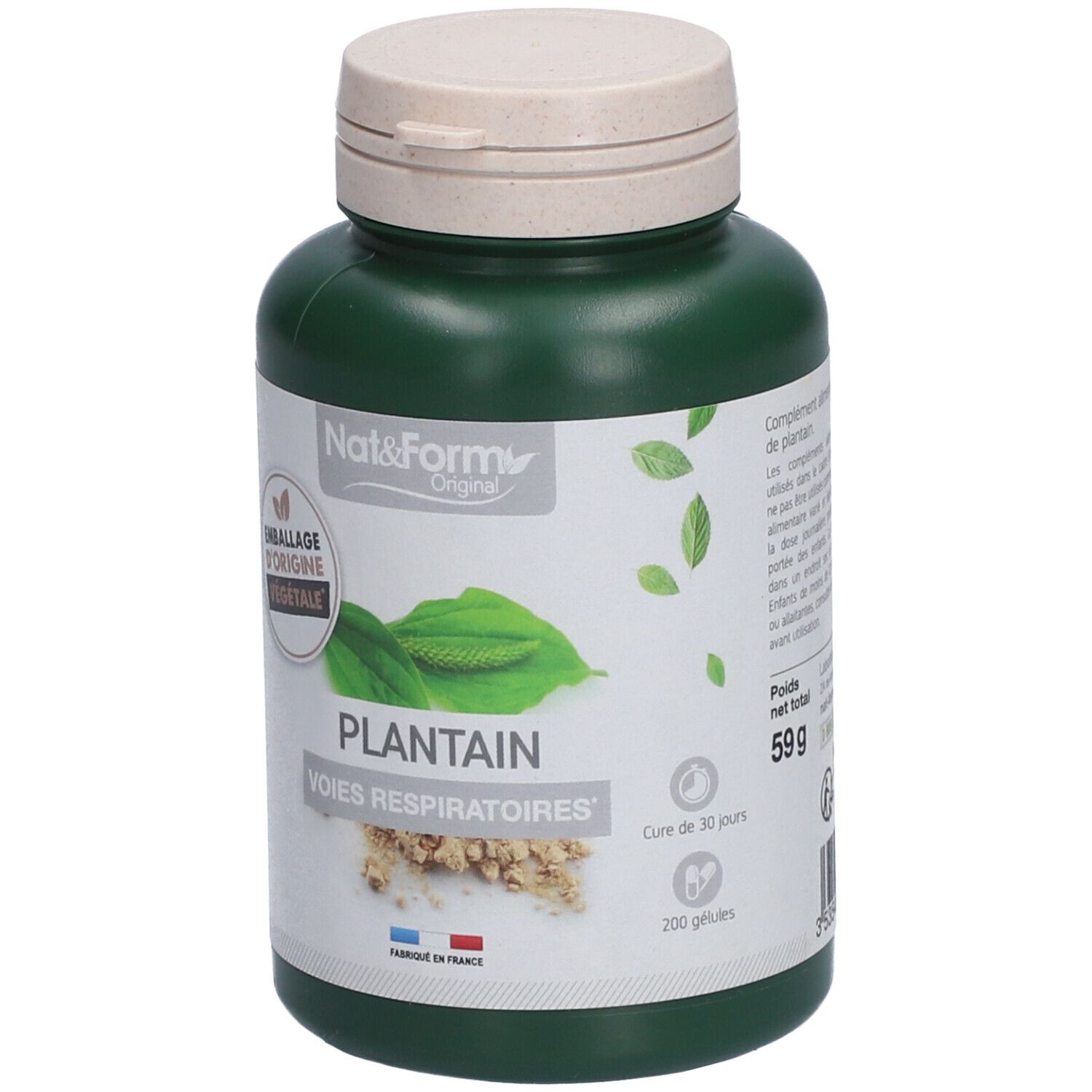 Grüne Flasche mit weißem Deckel. Aufschrift: PLANTAIN, VOIES RESPIRATOIRES. Logo: Emballage d'origine végétale. 200 Kapseln. 59g.