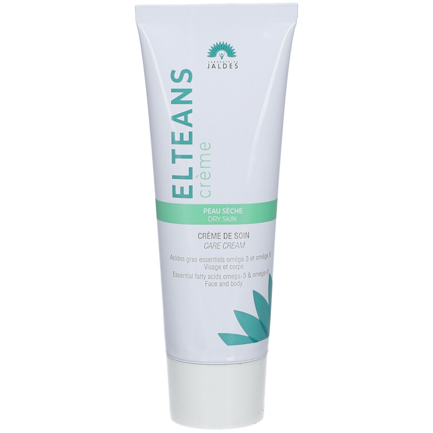 Tube de crème blanc et vert. Texte: ELTEANS crème, PEAU SECHE DRY SKIN. Logo Jaldes. Crème pour peau sèche.