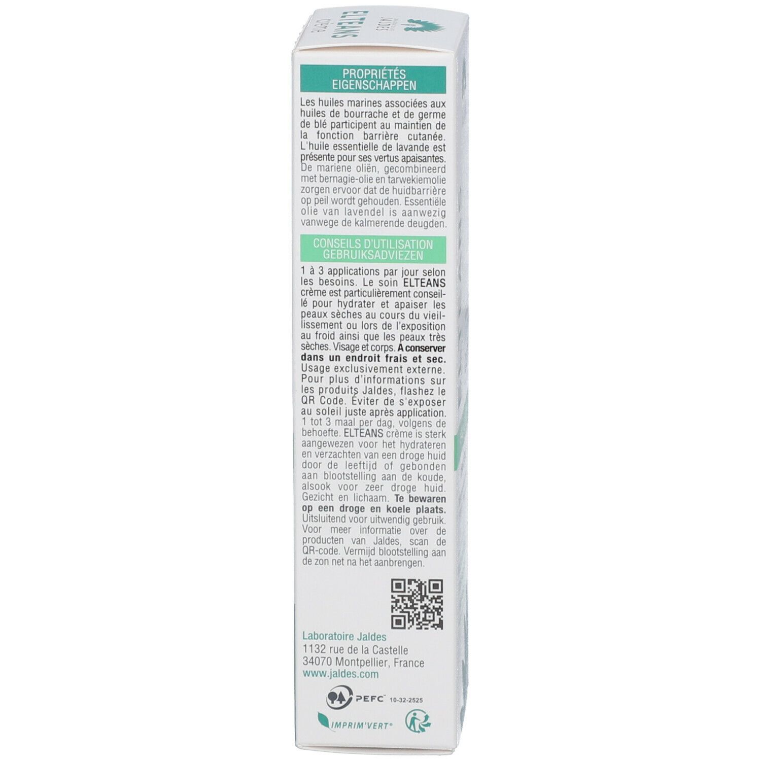 Dos de la boîte en carton. Texte: Propriétés, conseils d'utilisation, QR code. Logo Jaldes. Certification PEFC.