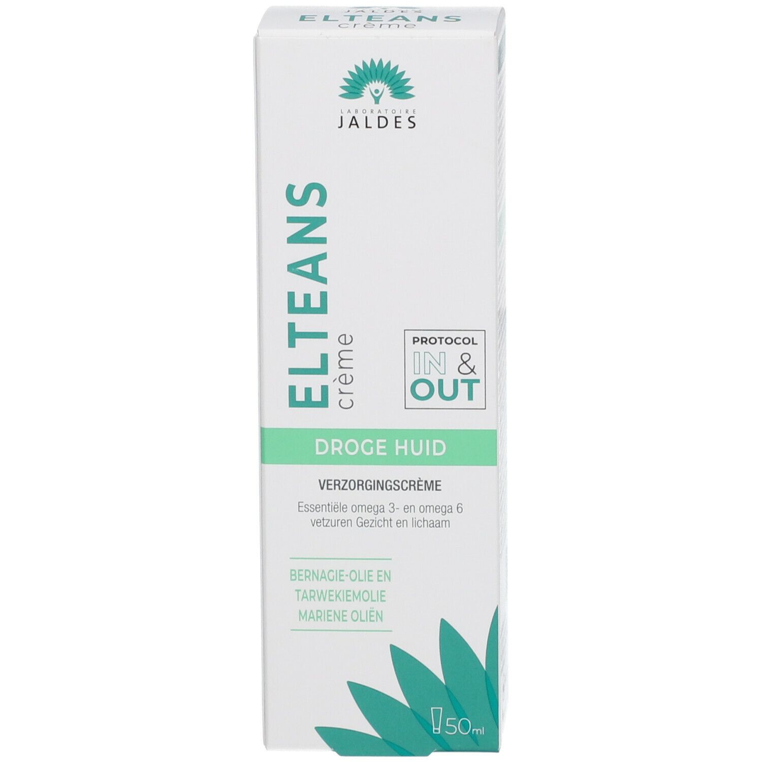 Boîte en carton blanche et verte. Texte: ELTEANS crème, DROGE HUID, IN & OUT. Logo Jaldes. 50ml.