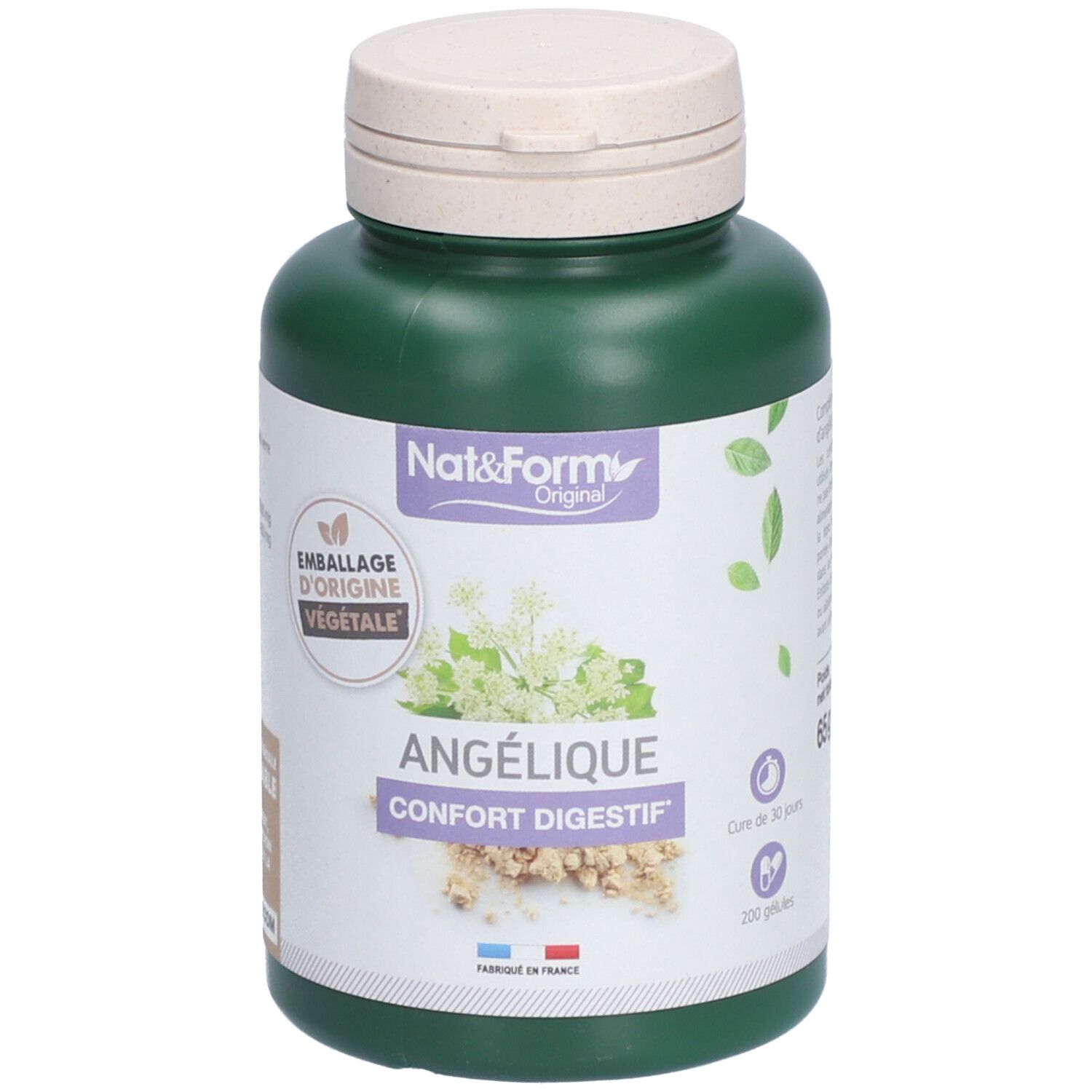 Flacon vert avec bouchon blanc. Étiquette ANGÉLIQUE et logo. Emballage d'origine végétale.