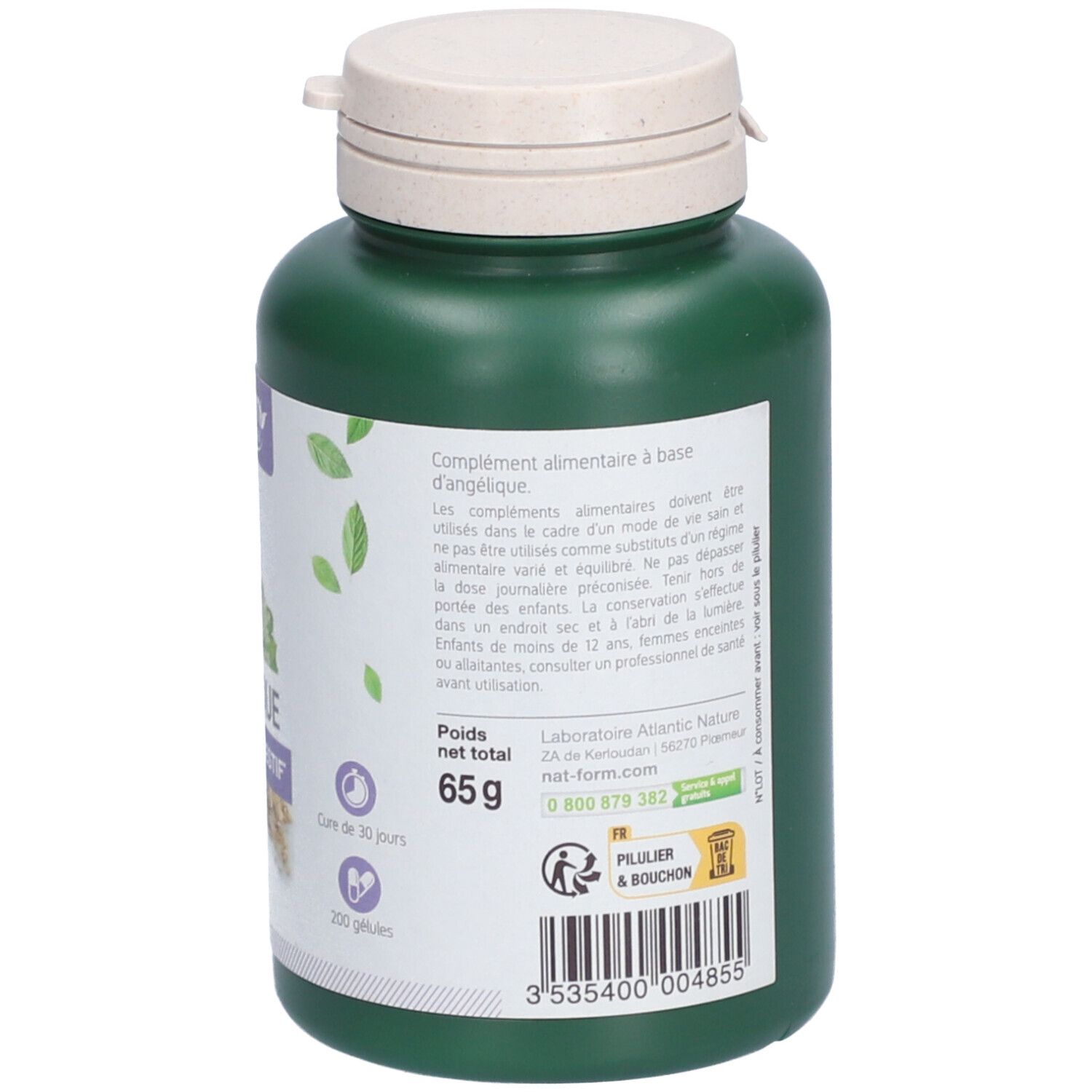Dos du flacon vert. Étiquette avec ingrédients et informations fabricant. 200 gélules.