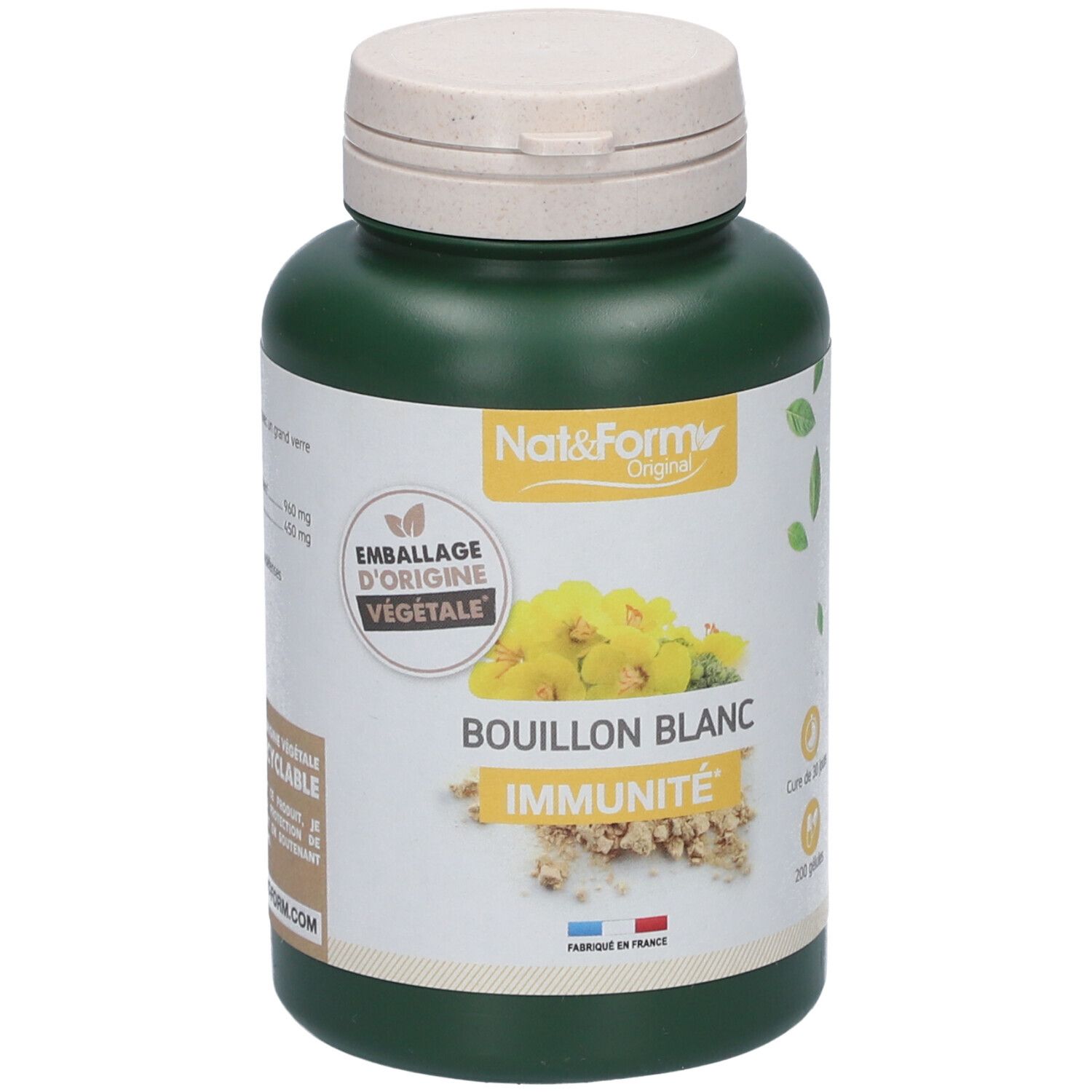 Flacon vert avec bouchon blanc. Inscription BOUILLON BLANC IMMUNITÉ. Logo Nat&Form. 200 gélules.