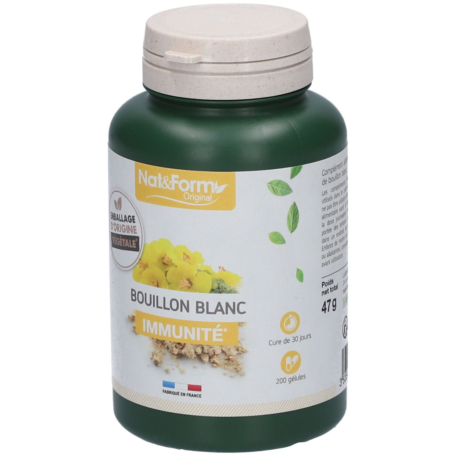 Flacon vert avec bouchon blanc. Inscription BOUILLON BLANC IMMUNITÉ. Logo Nat&Form. 200 gélules, 47g.