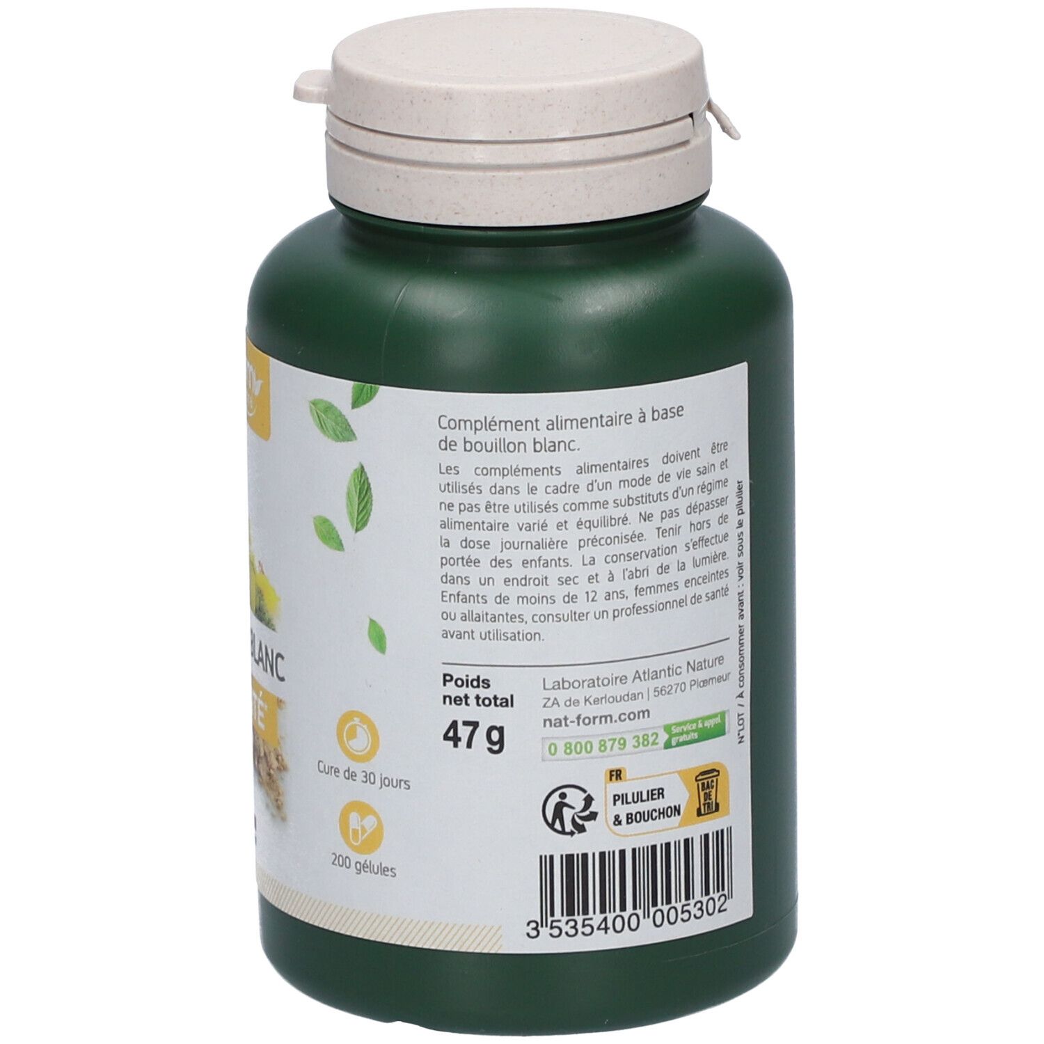 Dos d'un flacon vert avec bouchon blanc. Texte : complément alimentaire. Logo : 200 gélules, 47g.