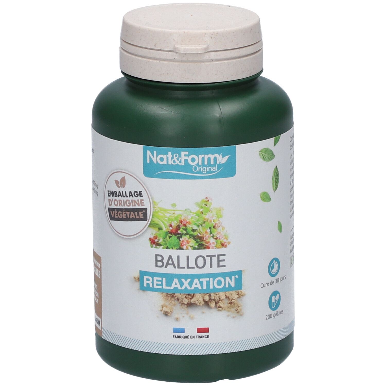 Flacon vert avec couvercle blanc. Inscription: BALLOTE RELAXATION. Emballage d'origine végétale. 200 gélules.