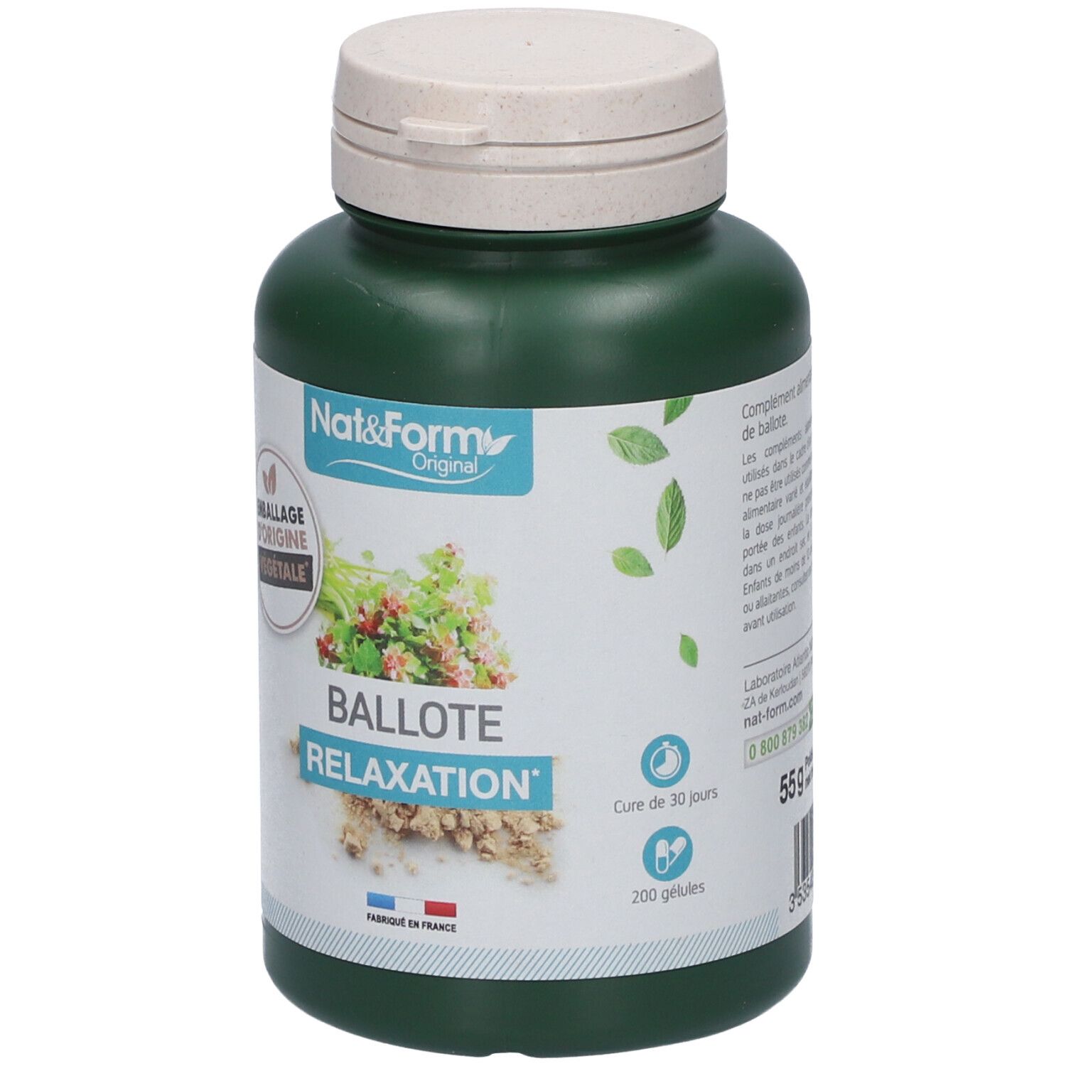 Flacon vert avec couvercle blanc. Inscription: BALLOTE RELAXATION. Emballage d'origine végétale. 200 gélules.