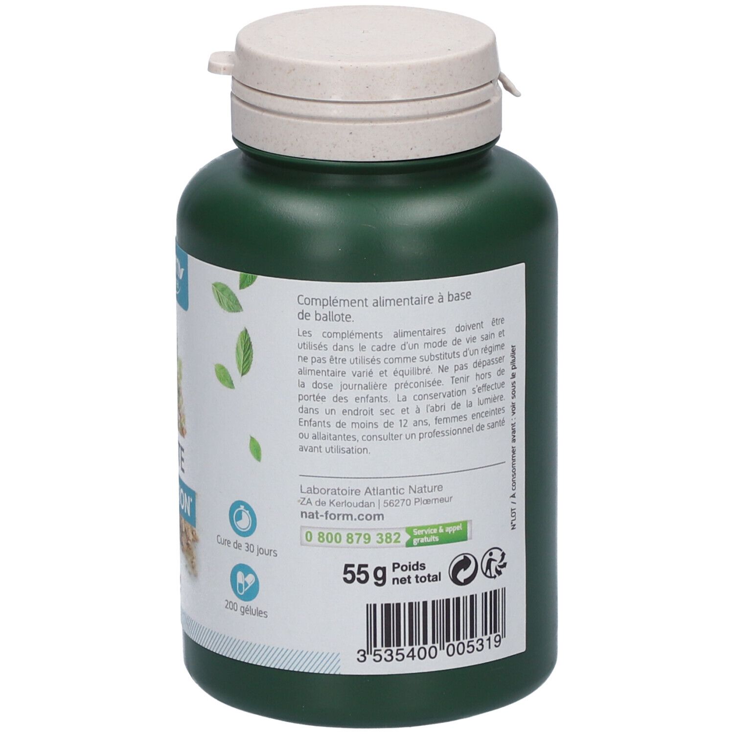 Dos du flacon vert. Texte: Complément alimentaire. 55g. 200 gélules. Informations de contact.