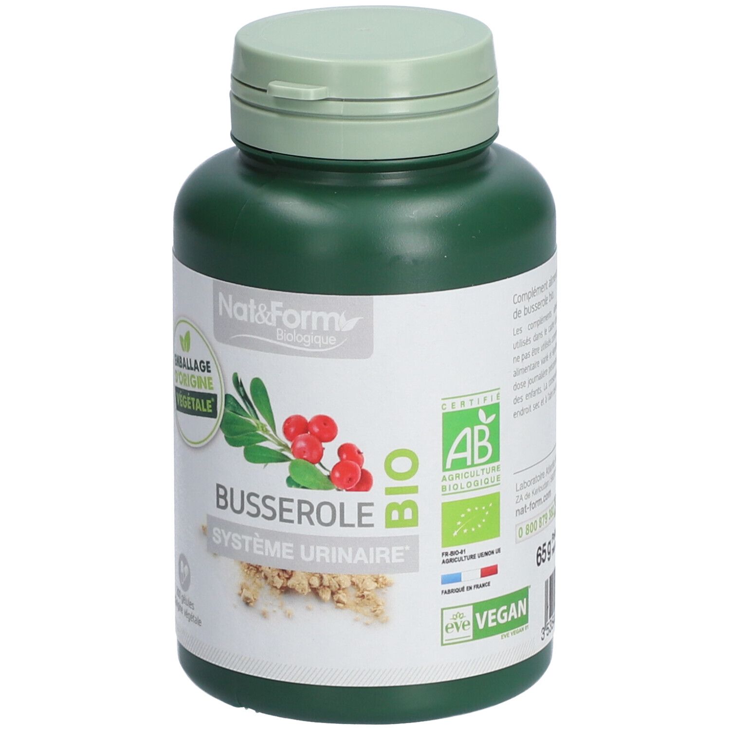 Flacon vert avec étiquette blanche. Inscription: BUSSEROLE, BIO, Système Urinaire. Certifications, logo Vegan.