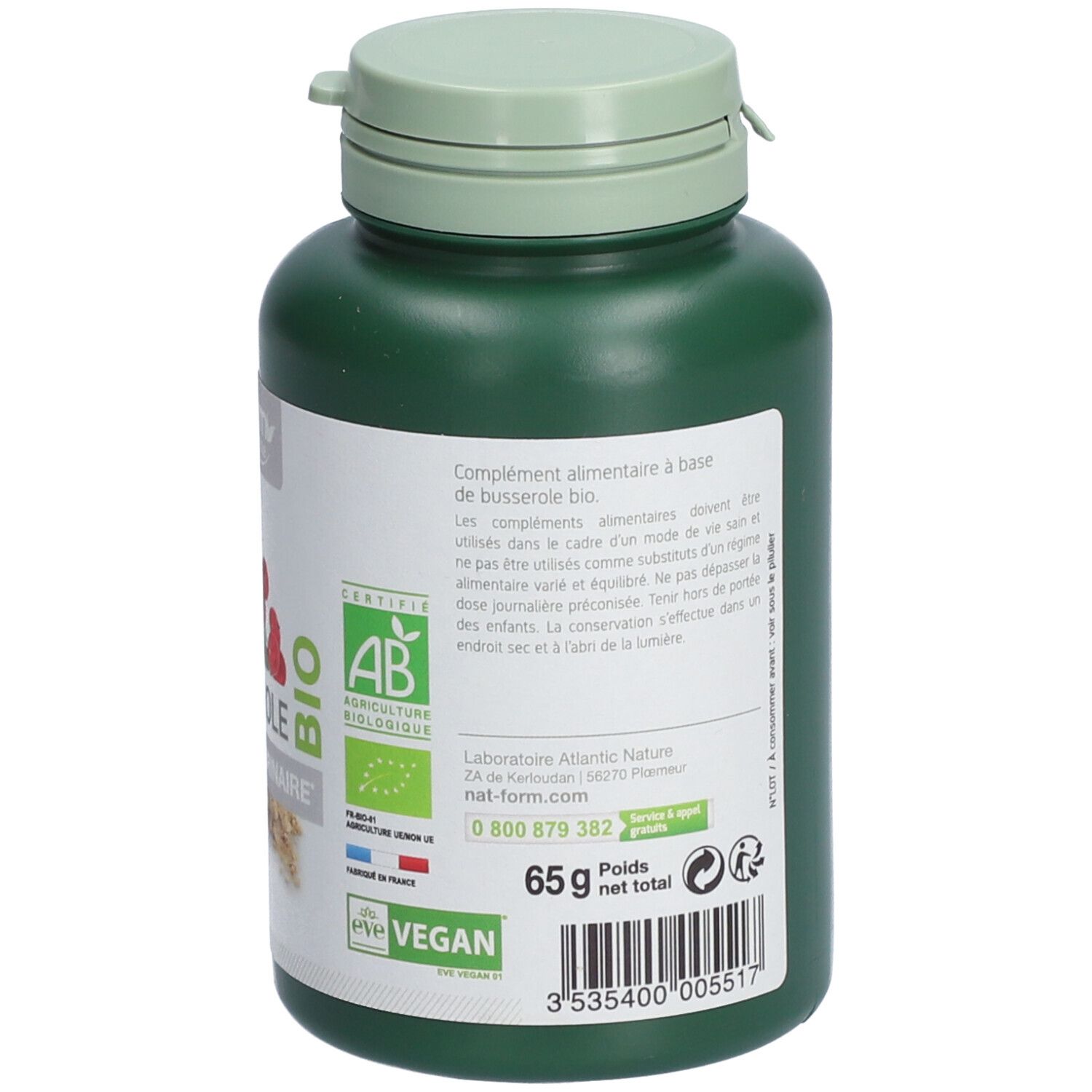 Dos du flacon vert. Texte: complément alimentaire, certifications, logo Vegan, poids: 65g.