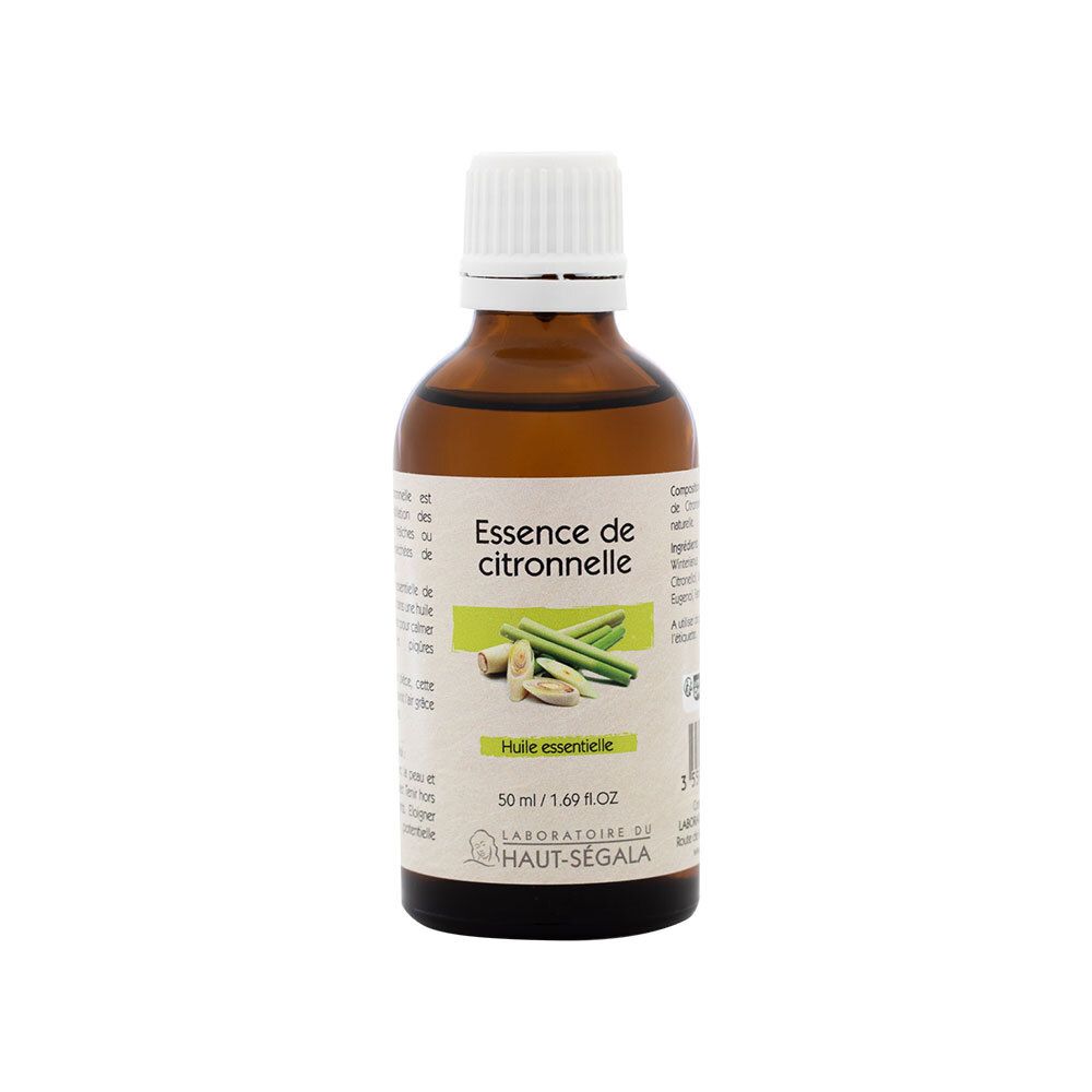 Flacon en verre brun avec bouchon blanc. Étiquette avec nom du produit et illustration de citronnelle. Marque : Laboratoire du Haut-Ségala.