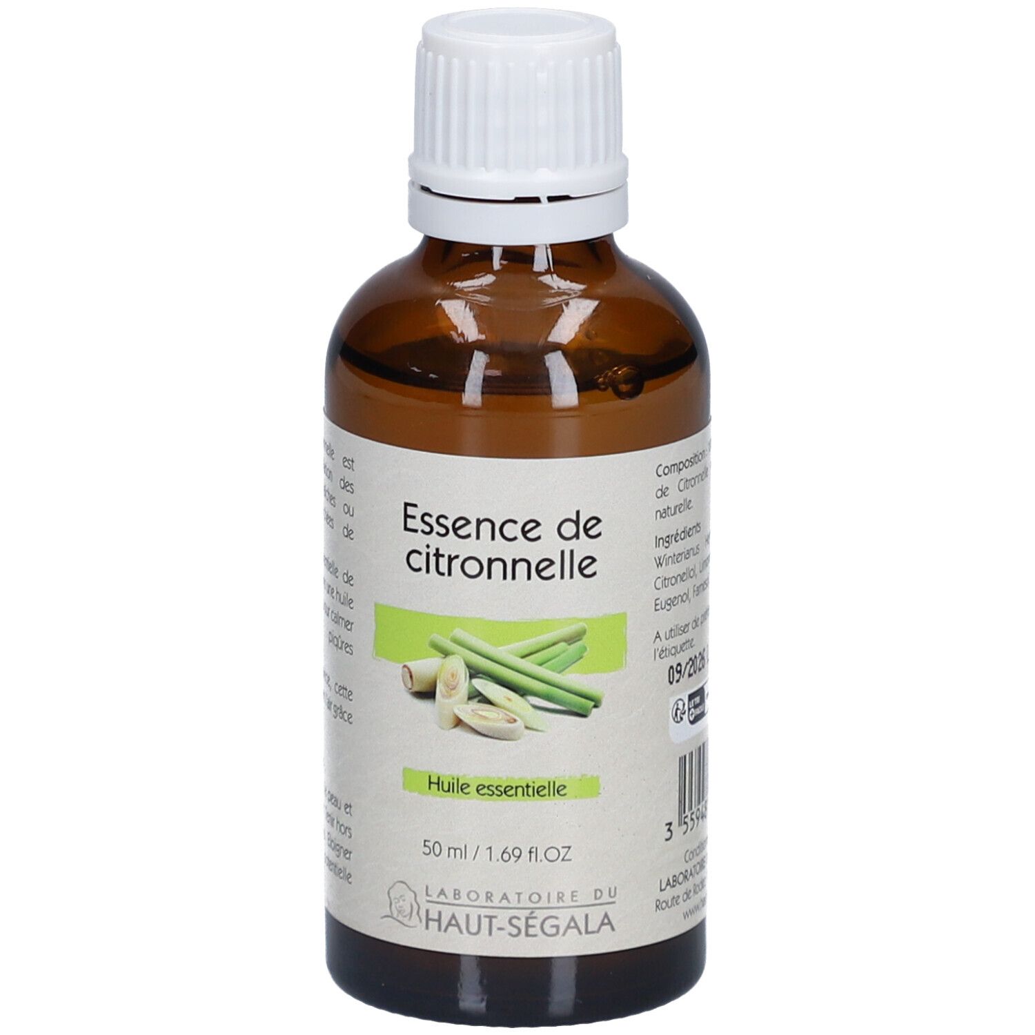 Flacon en verre brun avec bouchon blanc. Étiquette avec nom du produit et illustration de citronnelle. 50 ml. Marque : Laboratoire du Haut-Ségala.