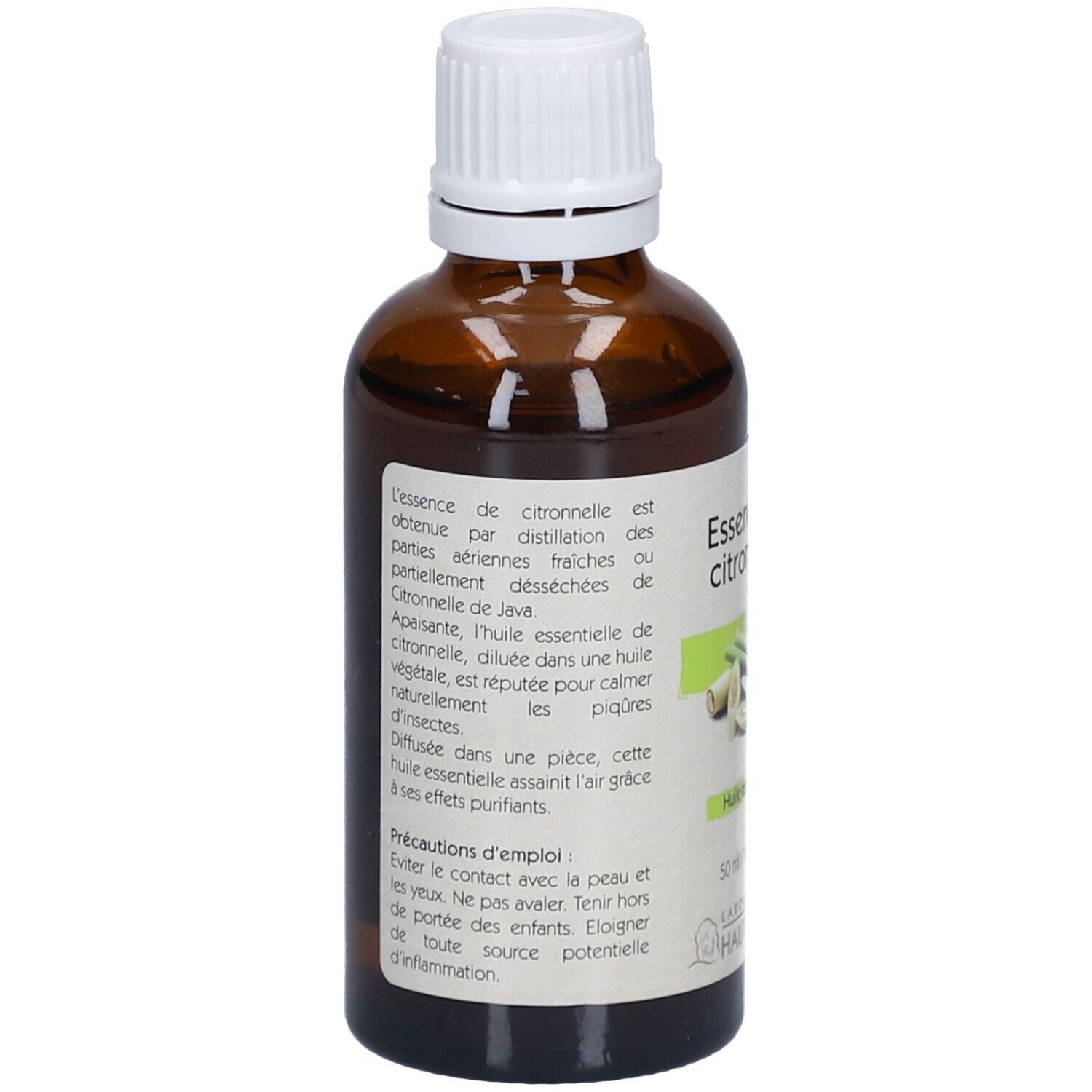 Flacon en verre brun avec bouchon blanc. Étiquette avec informations produit et illustration de citronnelle. Marque : Laboratoire du Haut-Ségala.