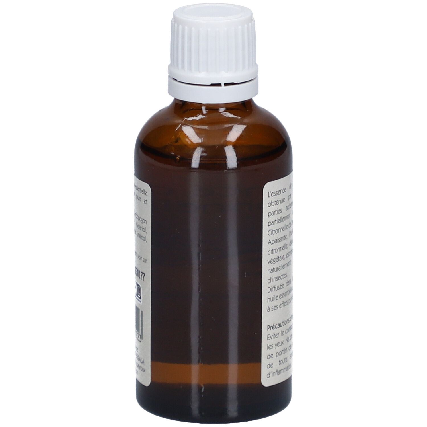 Flacon en verre brun avec bouchon blanc. Étiquette avec informations produit et illustration de citronnelle. Marque : Laboratoire du Haut-Ségala.
