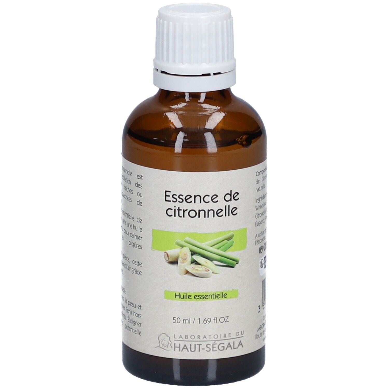 Flacon en verre brun avec bouchon blanc. Étiquette avec nom du produit, illustration de citronnelle et 50 ml. Marque : Laboratoire du Haut-Ségala.