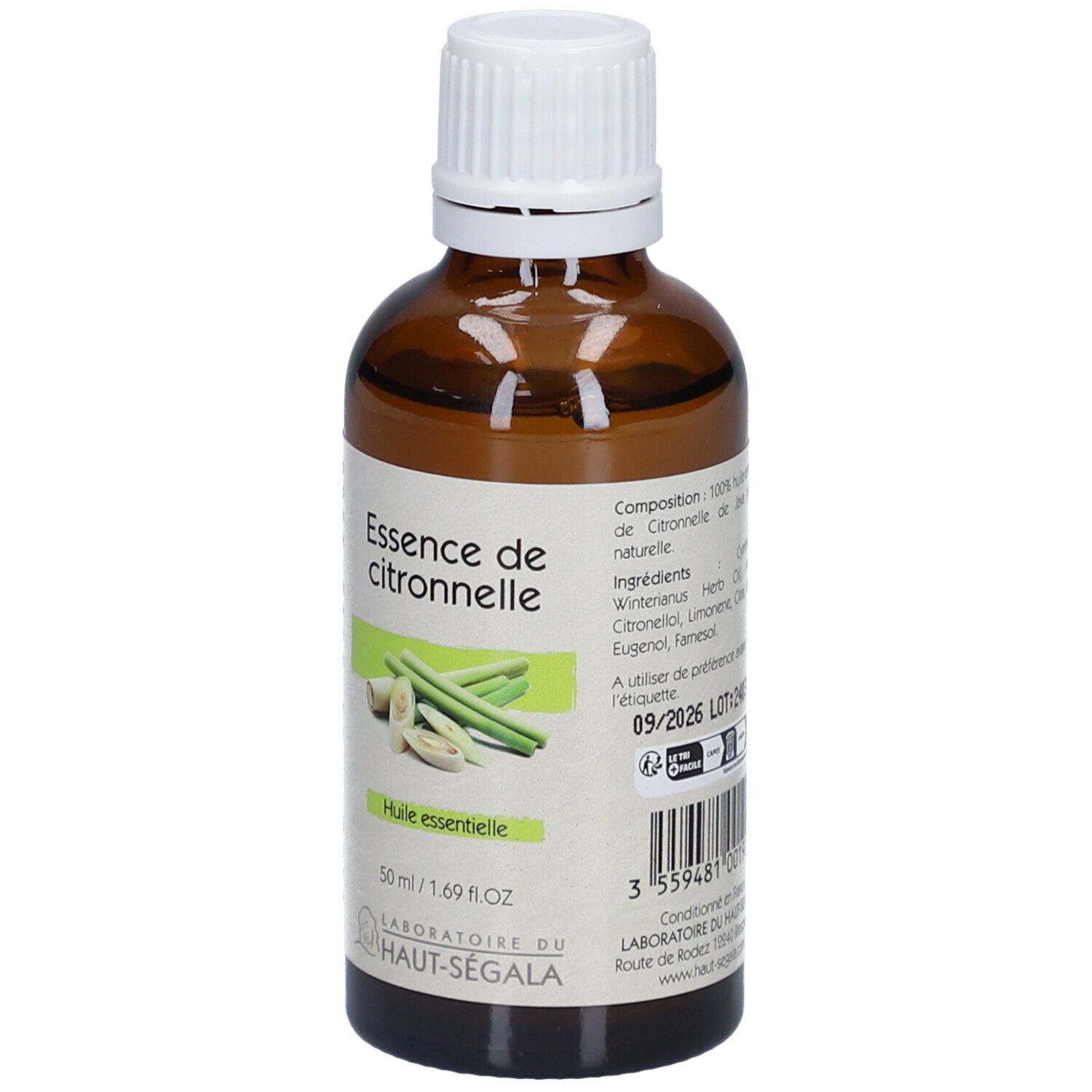 Flacon en verre brun avec bouchon blanc. Étiquette avec nom du produit, illustration de citronnelle et date de péremption. Marque : Laboratoire du Haut-Ségala.