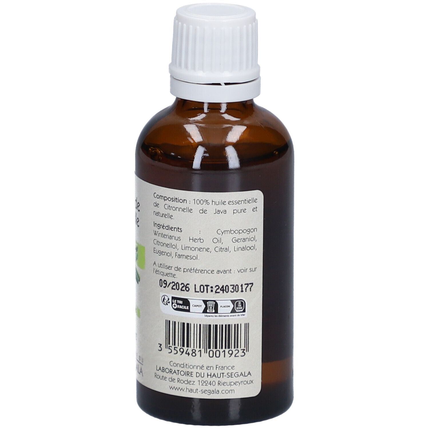 Flacon en verre brun avec bouchon blanc. Étiquette avec informations produit, ingrédients et date de péremption. Marque : Laboratoire du Haut-Ségala.