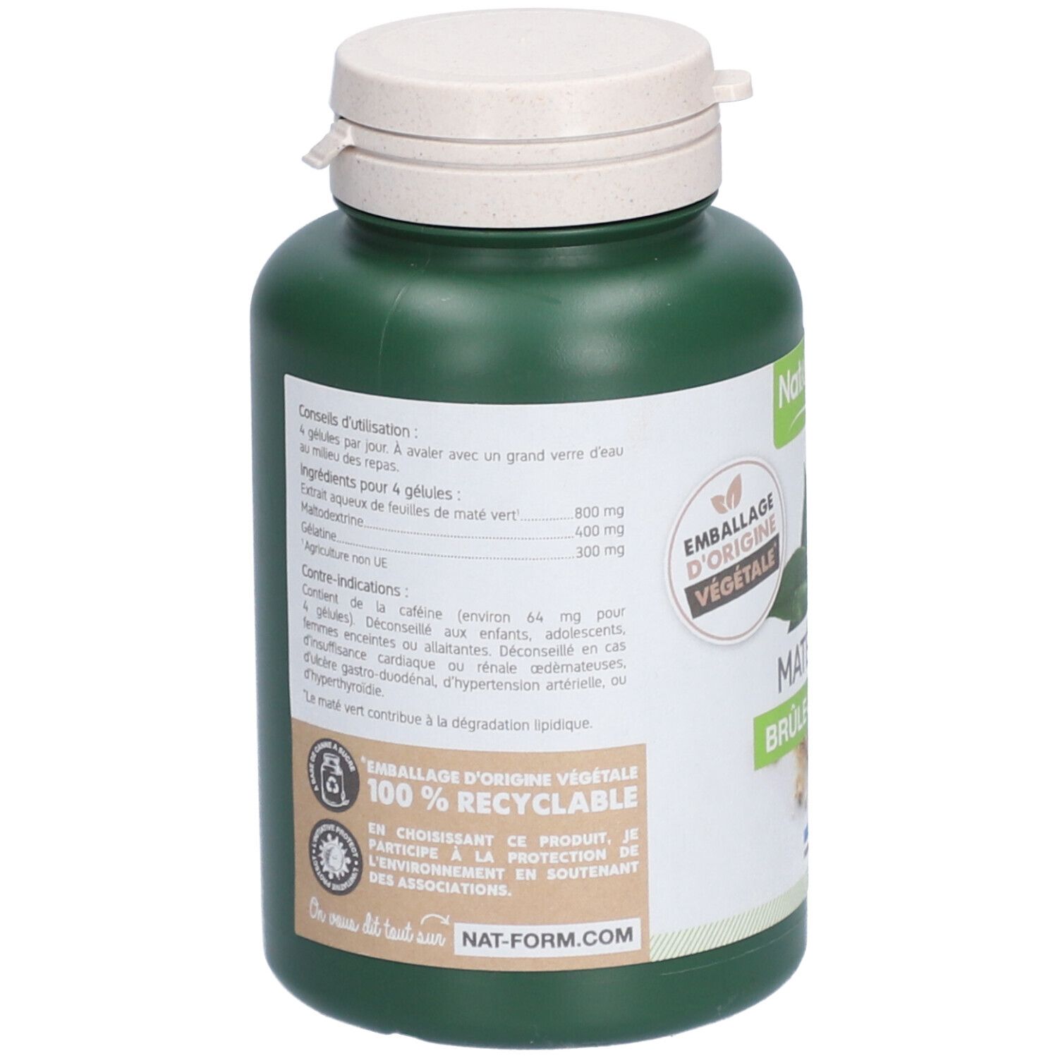 Rückseite einer grünen Flasche mit weißem Deckel. Text: Gebrauchsanweisung, Zutaten, Gegenanzeigen. Verpackung 100% recycelbar.