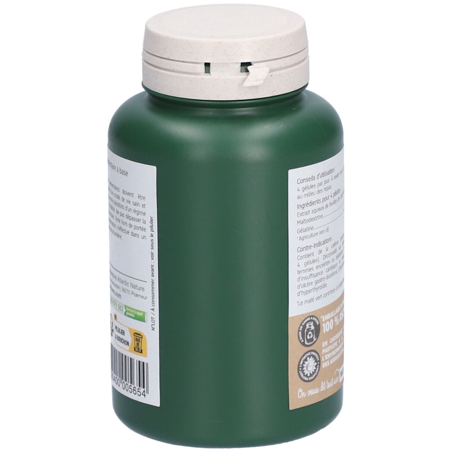 Grüne Flasche mit weißem Deckel. Aufschrift: Gebrauchsanweisung, Zutaten. Verpackung 100% recycelbar.
