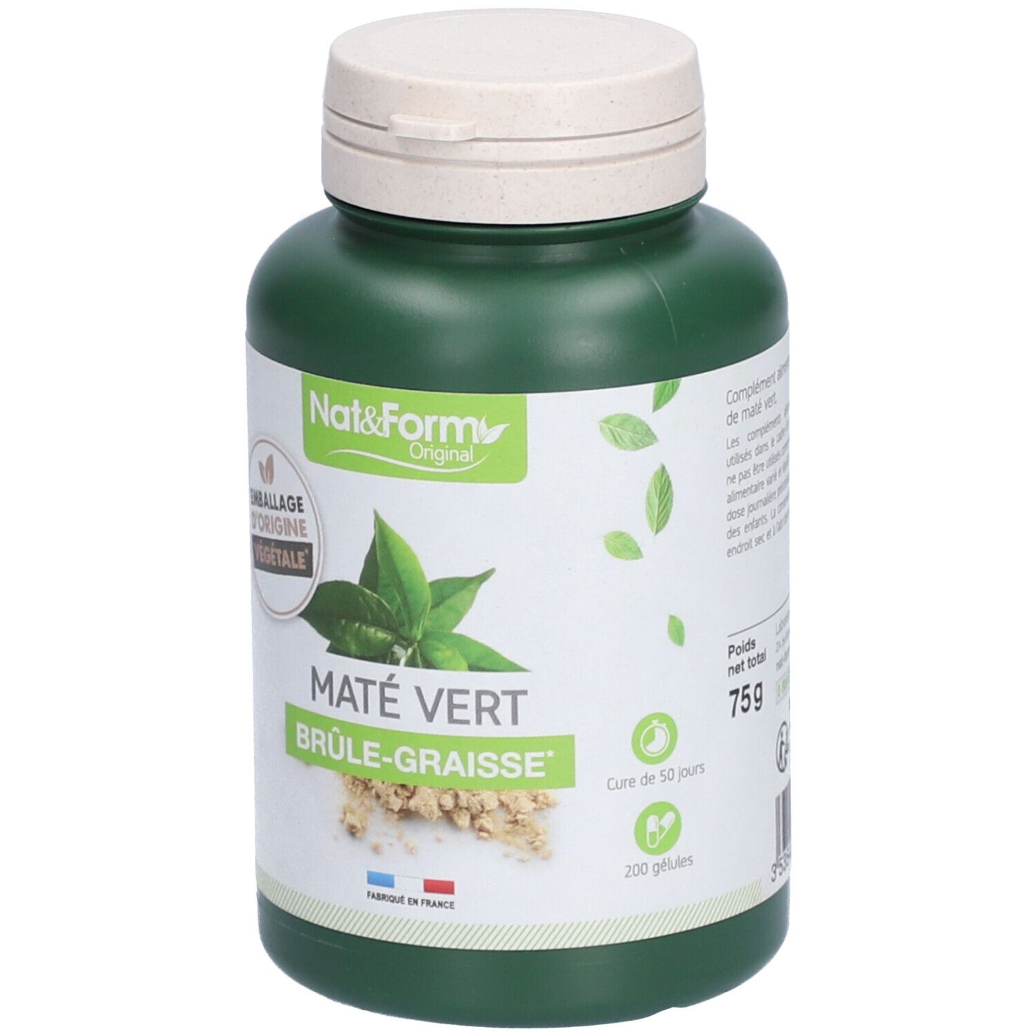 Grüne Flasche mit weißem Deckel. Aufschrift: Nat&Form, Maté Vert, Brûle-Graisse. 200 Kapseln. Cure de 50 jours.