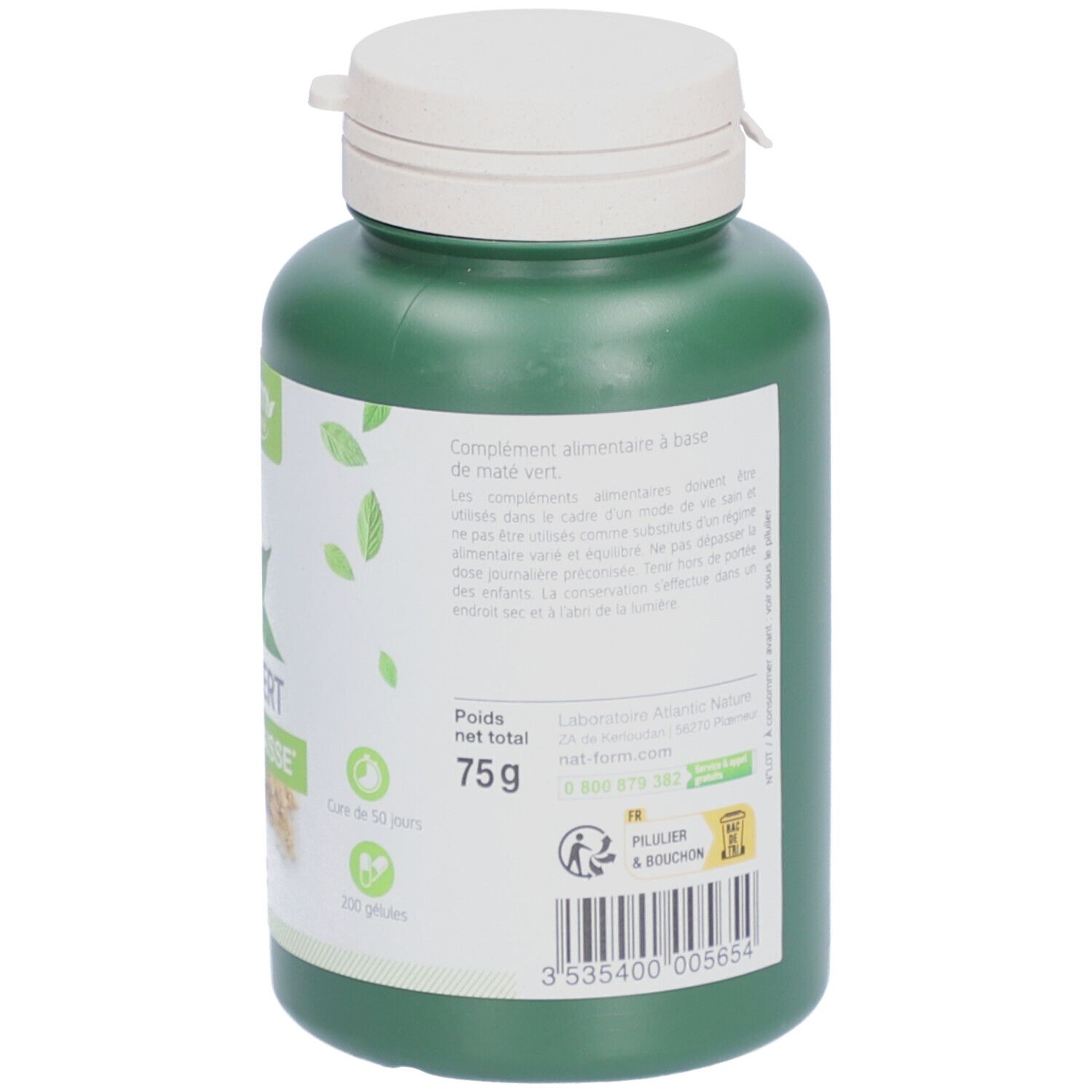 Rückseite einer grünen Flasche mit weißem Deckel. Text: Nahrungsergänzungsmittel, Nettogewicht 75g, 200 Kapseln. Cure de 50 jours.