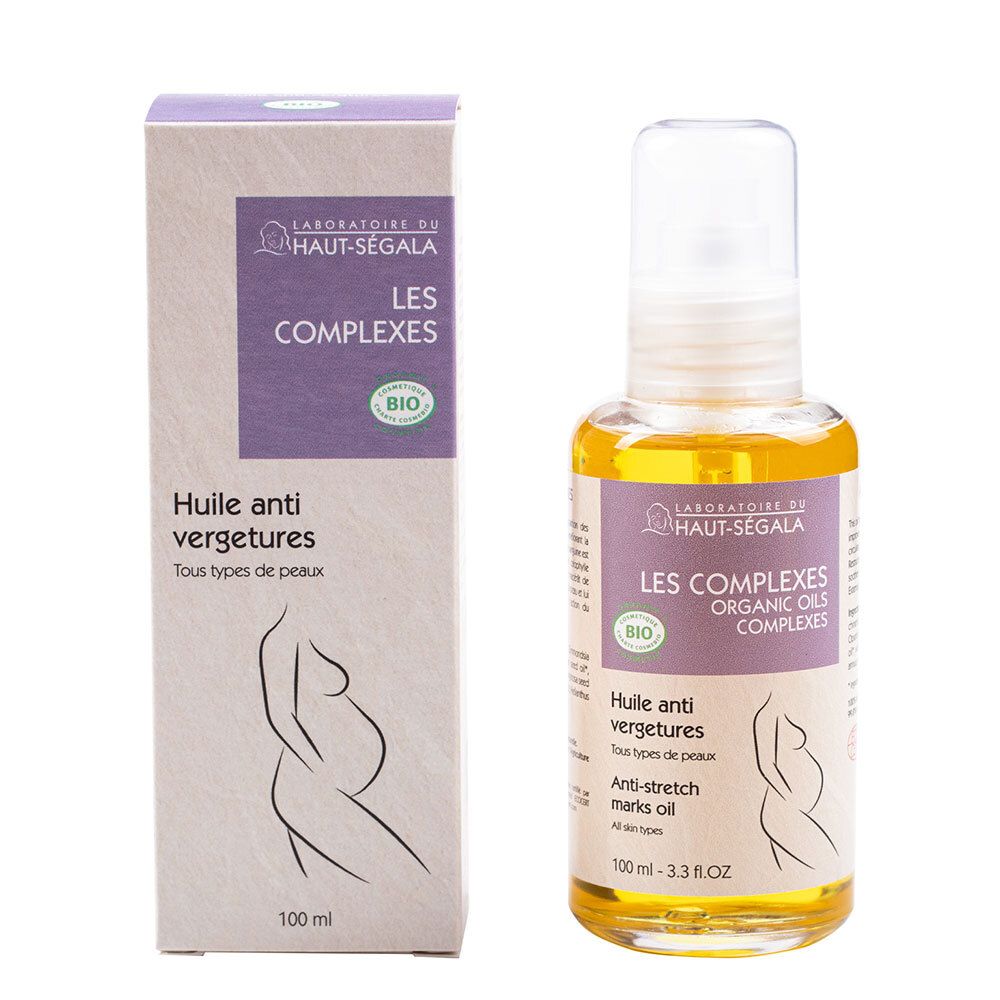 Flasche und Schachtel mit Produktetikett. Text: Anti-Dehnungsstreifen-Öl Bio. Bio-Zertifizierung. Abbildung einer schwangeren Frau.