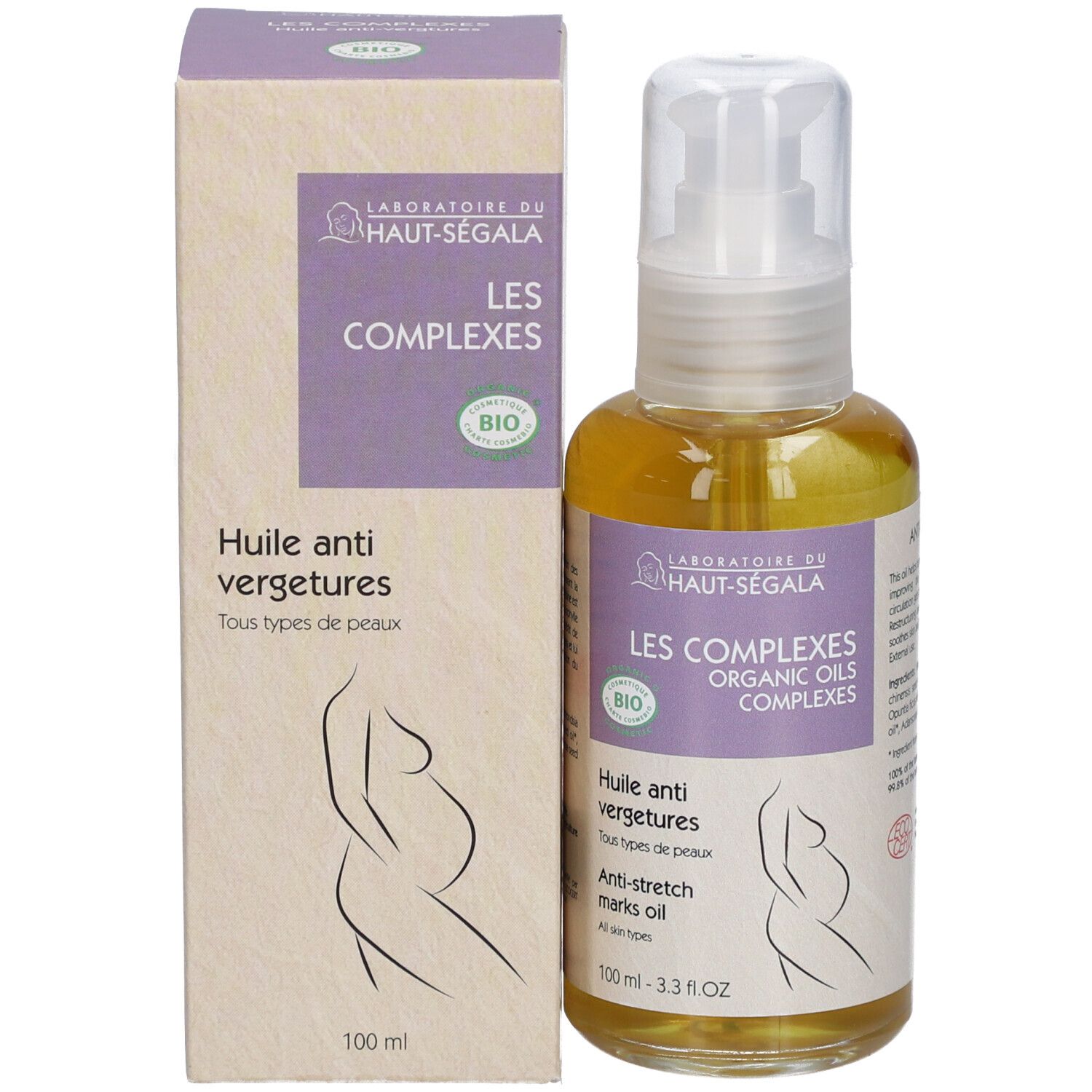 Flasche und Schachtel mit Produktetikett. Text: Anti-Dehnungsstreifen-Öl Bio. Bio-Zertifizierung. Abbildung einer schwangeren Frau.