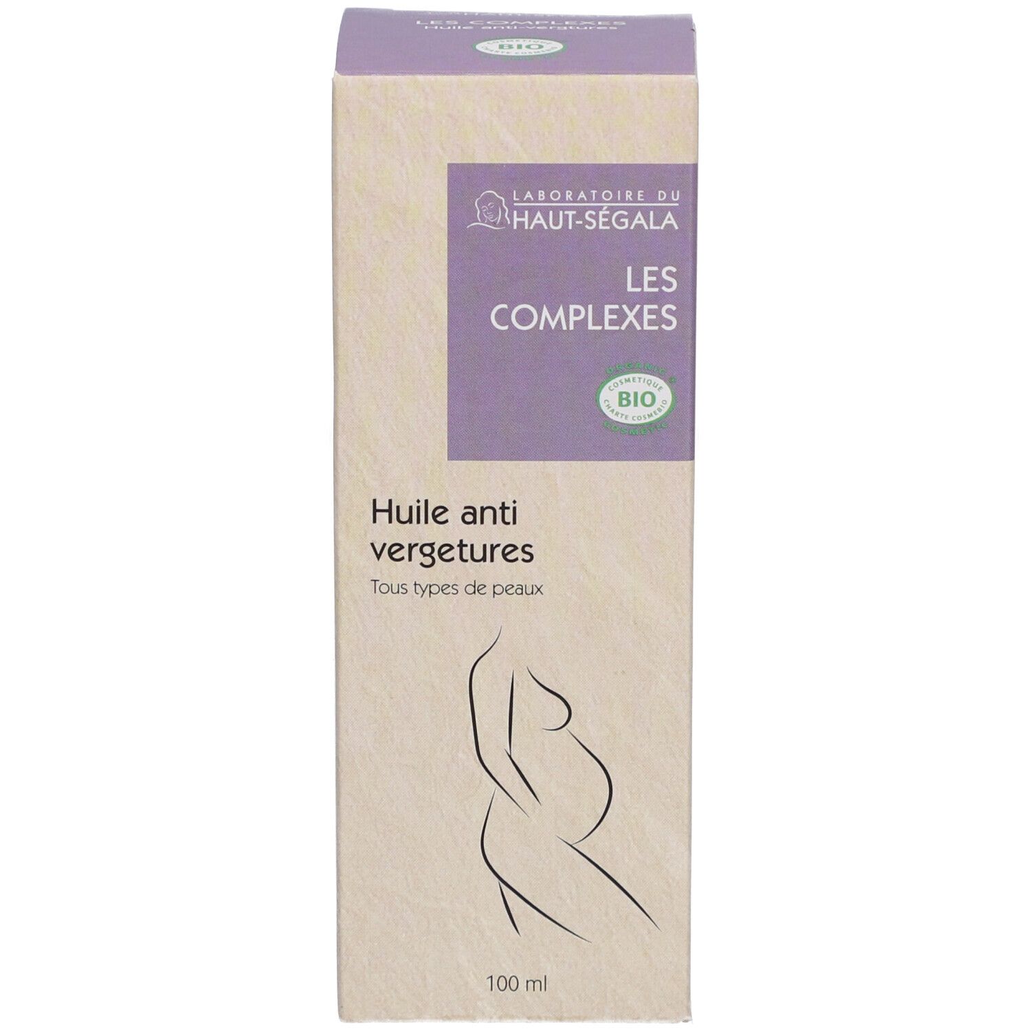 Schachtel mit Produktetikett. Text: Anti-Dehnungsstreifen-Öl Bio. Bio-Zertifizierung. Abbildung einer schwangeren Frau. 100 ml.
