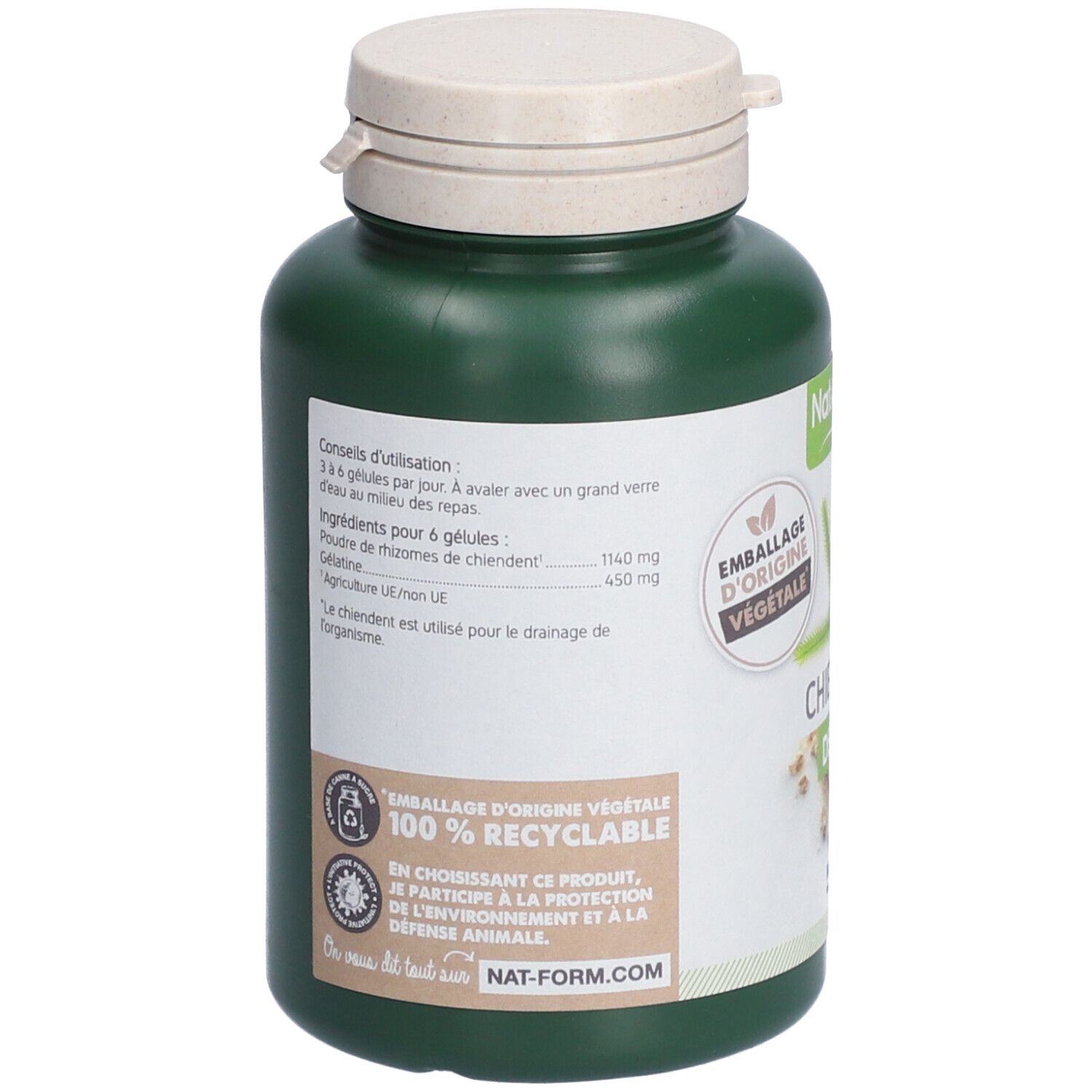 Dos d'un flacon vert avec bouchon blanc. Texte: Ingrédients, conseils d'utilisation. Label: Emballage d'origine végétale.