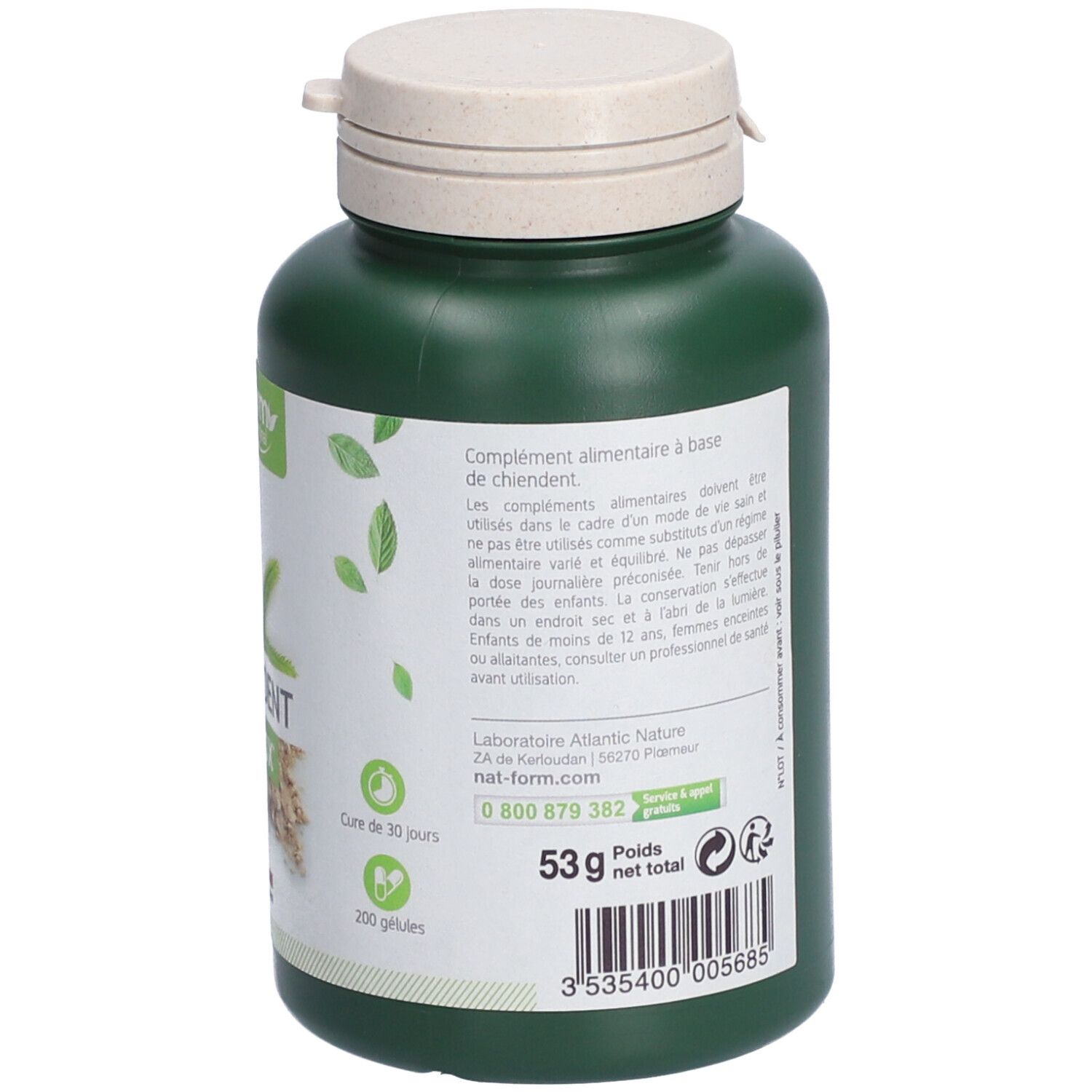 Dos d'un flacon vert avec bouchon blanc. Texte: Complément alimentaire. Poids: 53 g. 200 gélules.