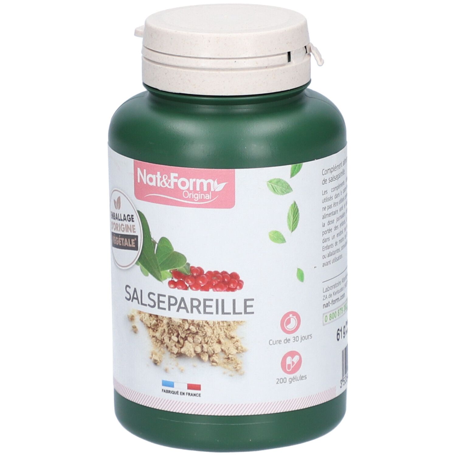 Flacon vert, bouchon blanc. Étiquette Salsepareille, marque Nat&Form. Emballage végétal. Cure de 30 jours.