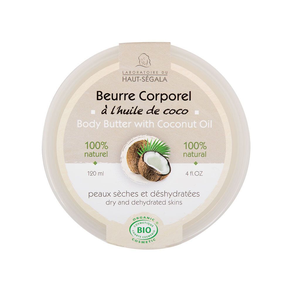 Pot rond avec couvercle. Inscription: Beurre Corporel à l'huile de coco. Avec huile de coco bio. 100% naturel. Label bio.
