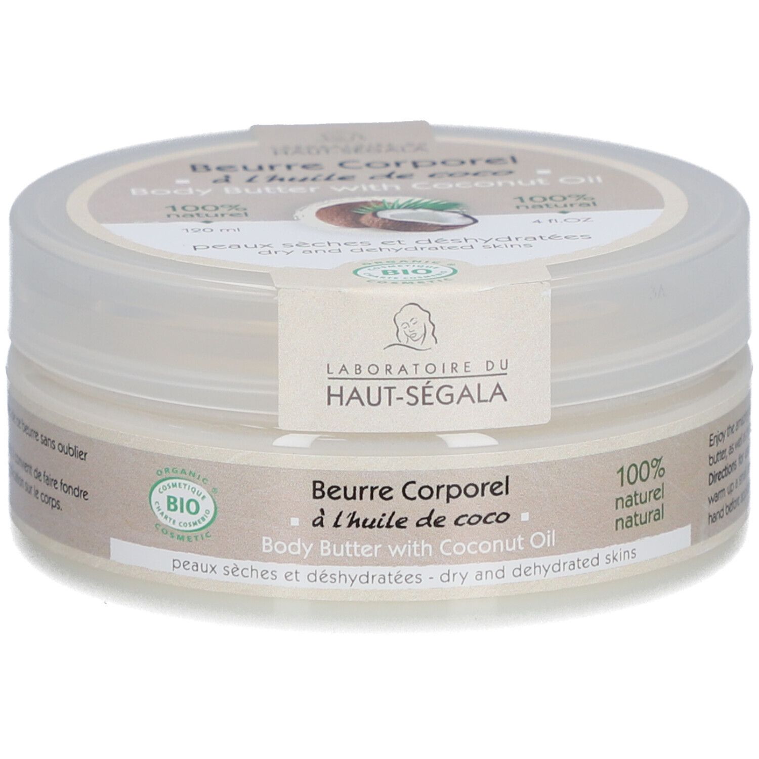 Pot rond avec couvercle. Inscription: Beurre Corporel à l'huile de coco. Avec huile de coco bio. 100% naturel. Label bio.