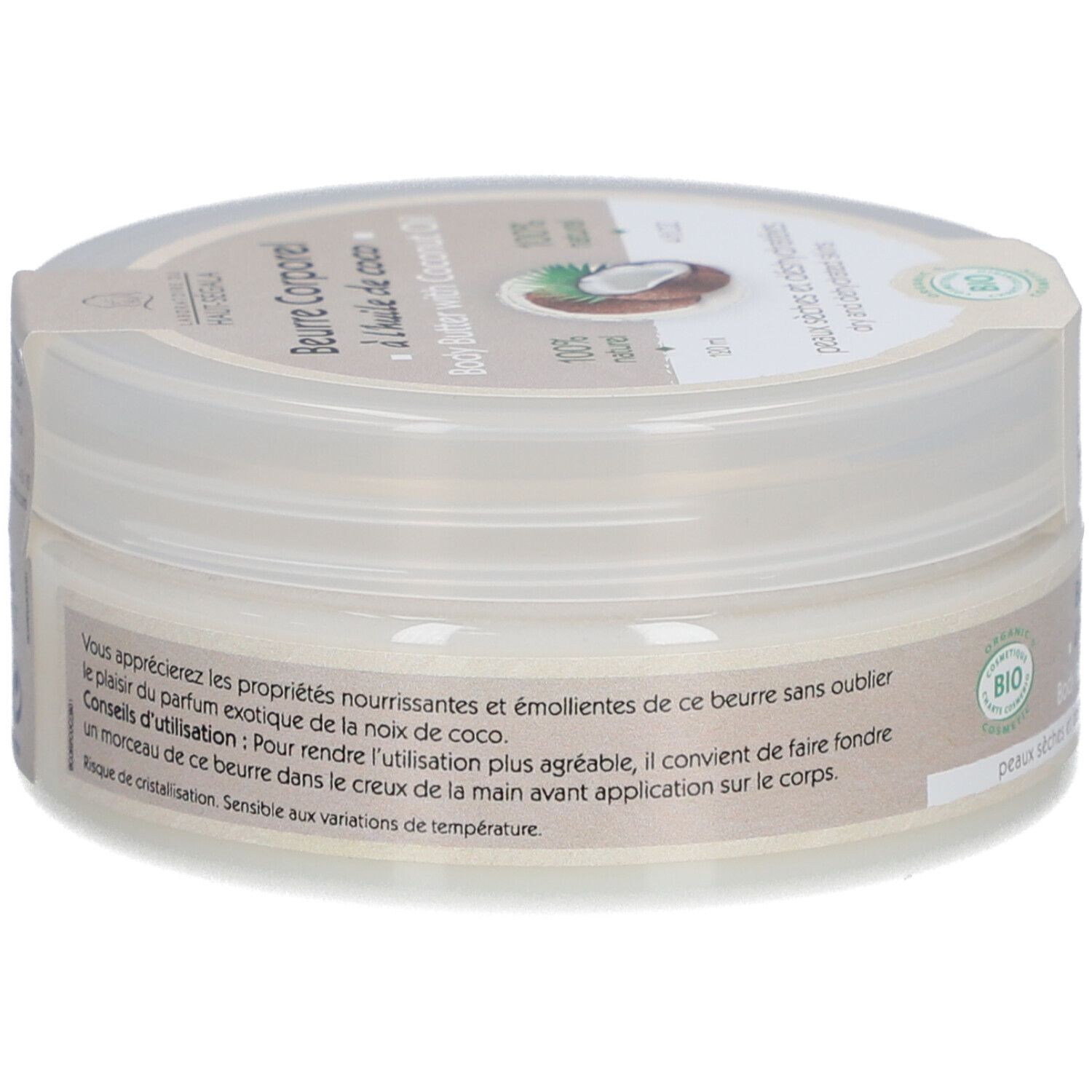 Pot rond avec couvercle. Inscription: Beurre Corporel à l'huile de coco. Avec huile de coco bio. 100% naturel. Label bio.
