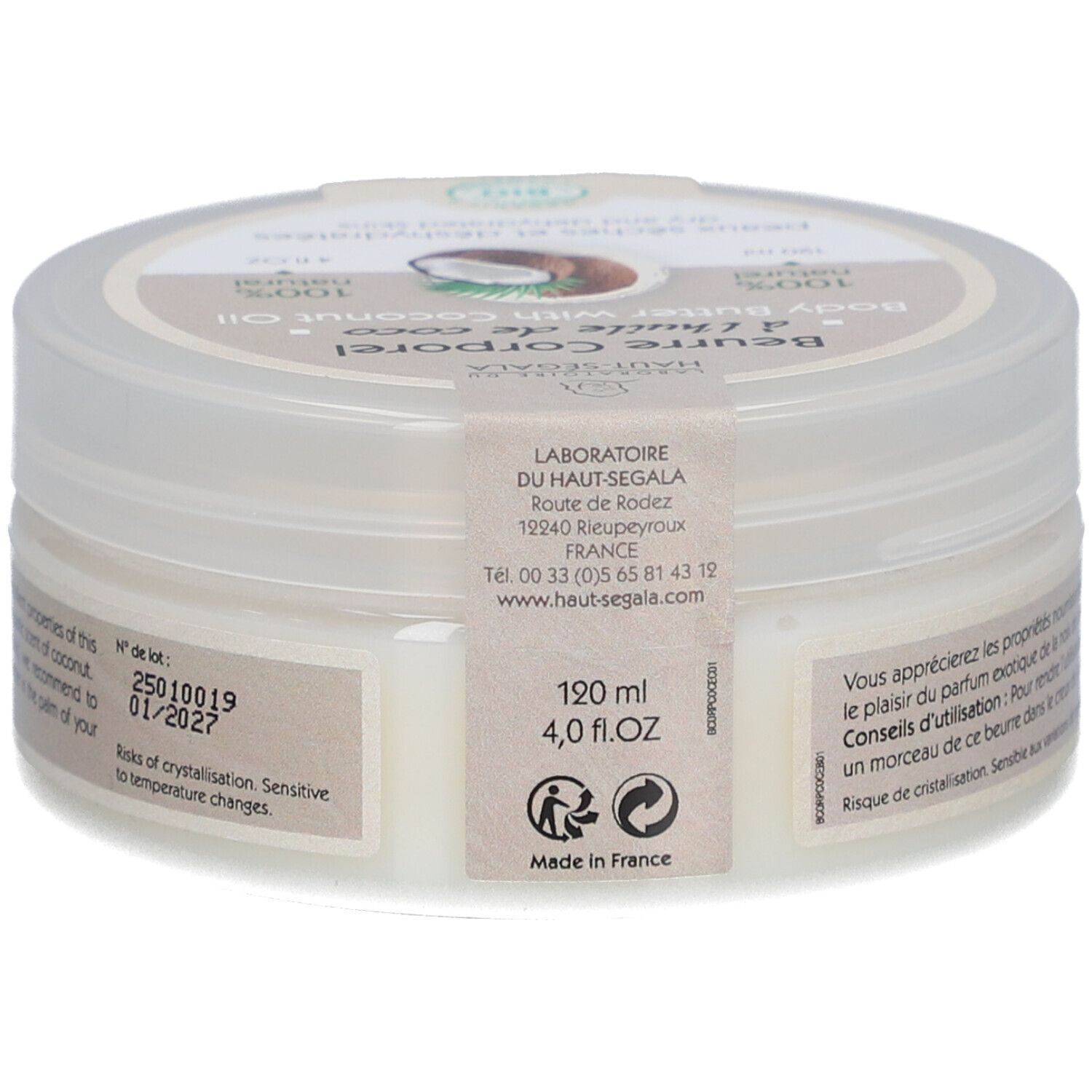 Pot rond avec couvercle. Inscription: Beurre Corporel à l'huile de coco. Avec huile de coco bio. 100% naturel. Label bio.