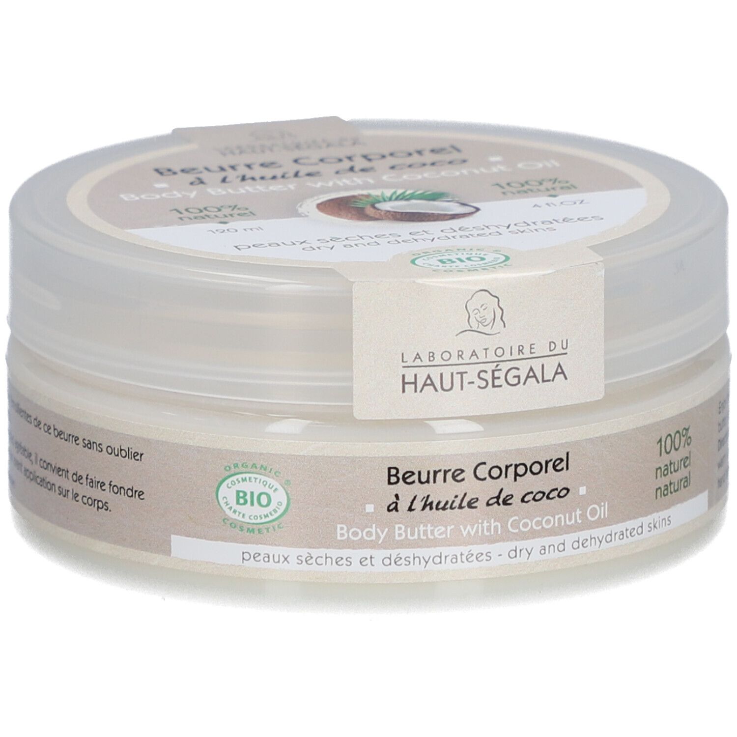 Pot rond avec couvercle. Inscription: Beurre Corporel à l'huile de coco. Avec huile de coco bio. 100% naturel. Label bio.